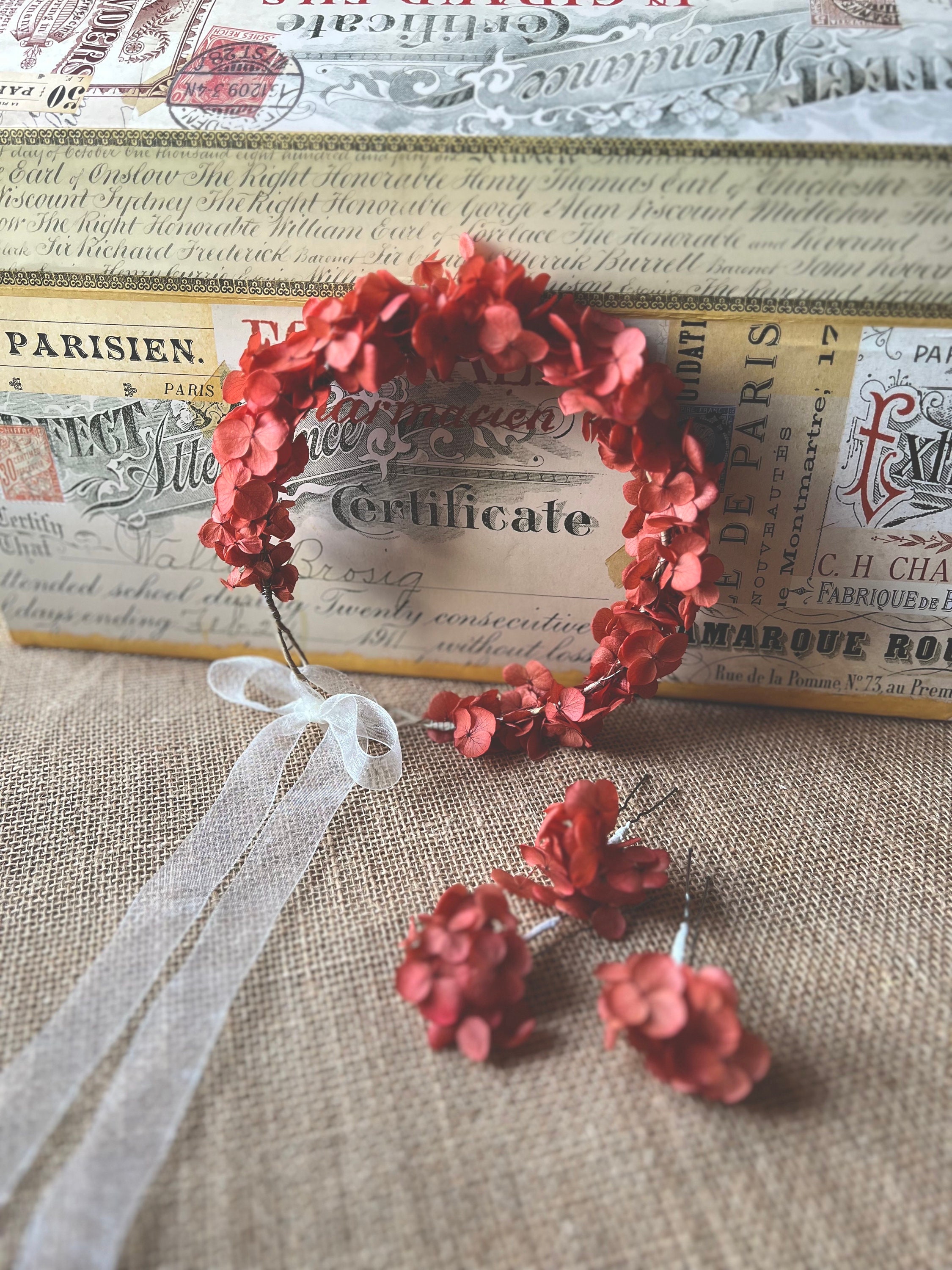 Autumnal Coral Red Orange Flower Crown, Wedding Hair Wreath Girl Headpiece, Everlasting Floral Piece, Hydrangea Tiara