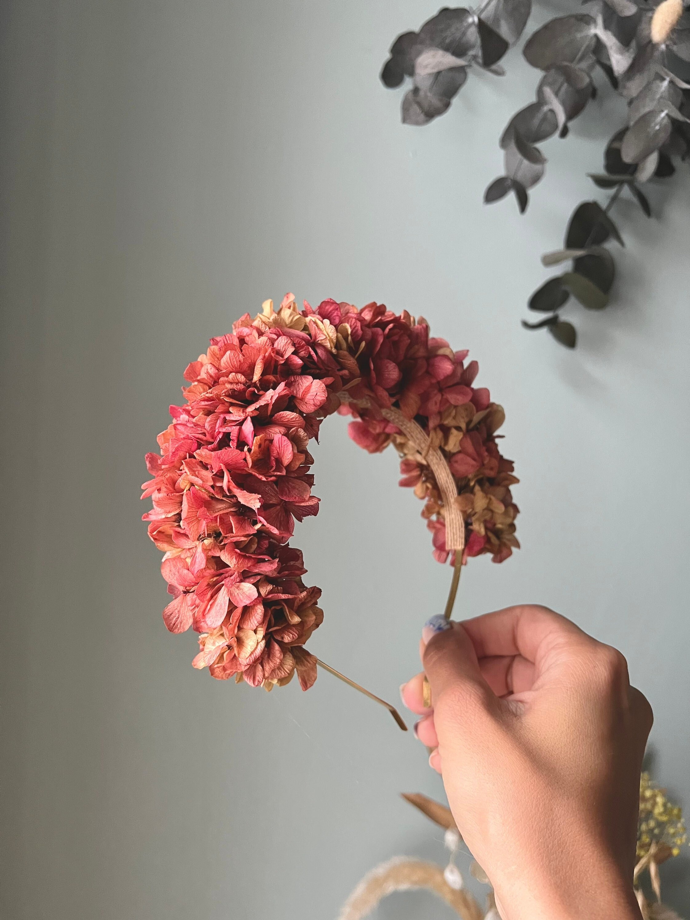 Boho Bridal Dusky Pink Flower Crown, Barn Wedding Hair Piece, Dried Wreath Tiara Gold, Accessories Hansmade Real Floral