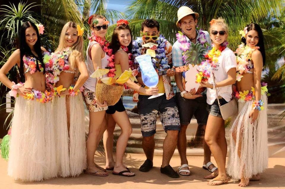 Group with girl hawaiian party fan compilations