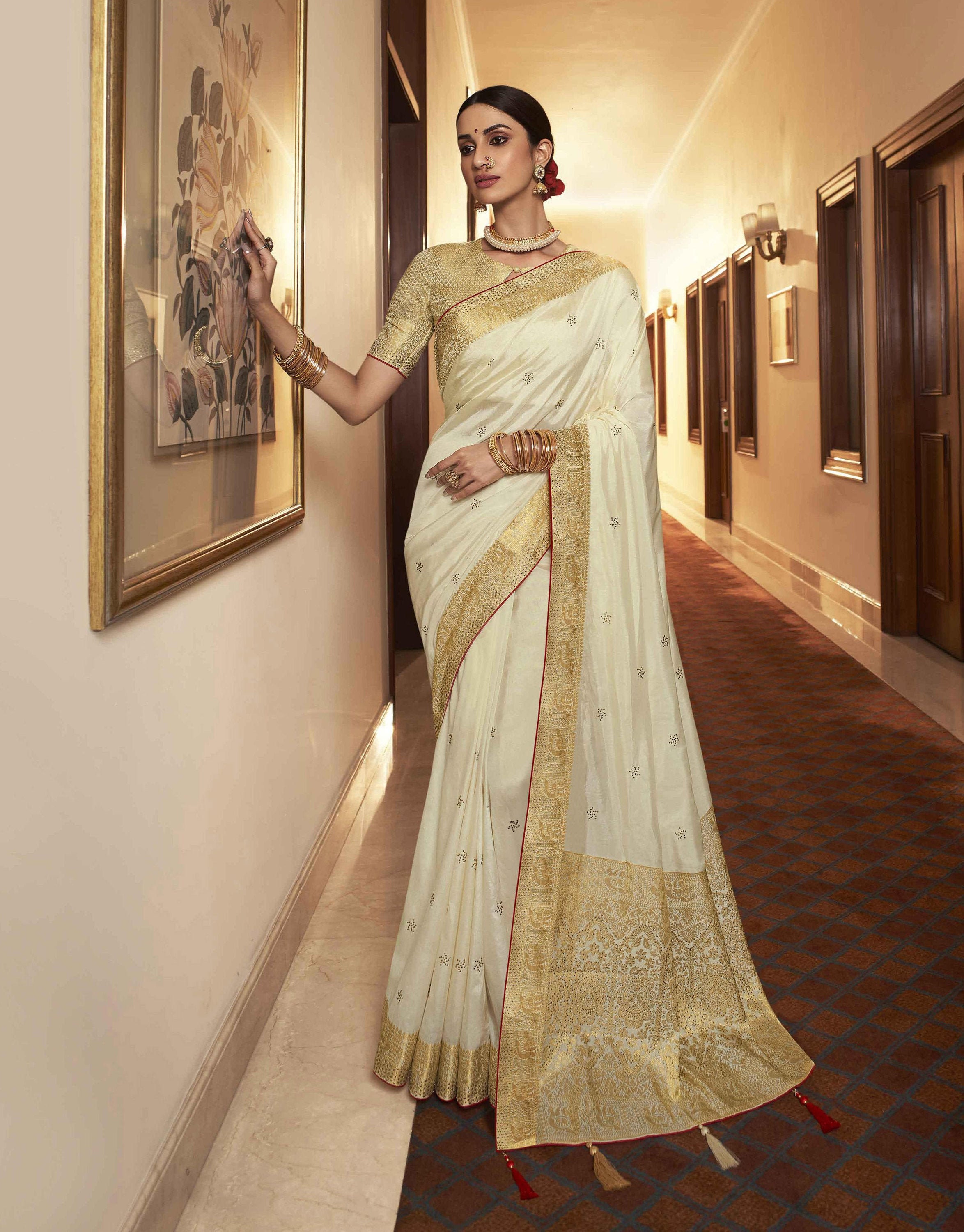 Indian Designer Off White Silk Saree With Jacquard Woven Etsy