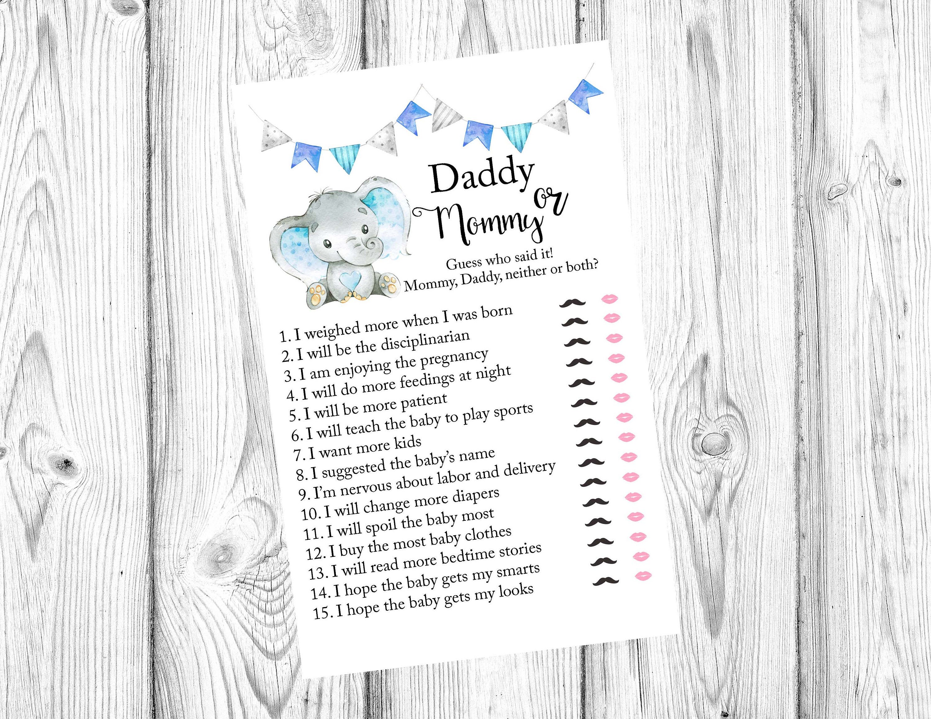 Daddy Or Mommy Baby Shower Game Elephant Who Said It Blue Etsy