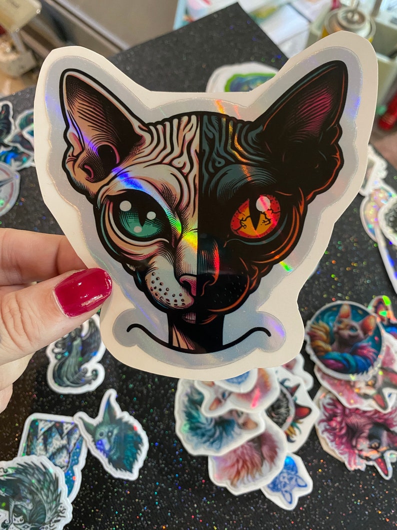 Creepy Cute Sphynx Cat Stickers Holographic Horror Kittens Original Art
