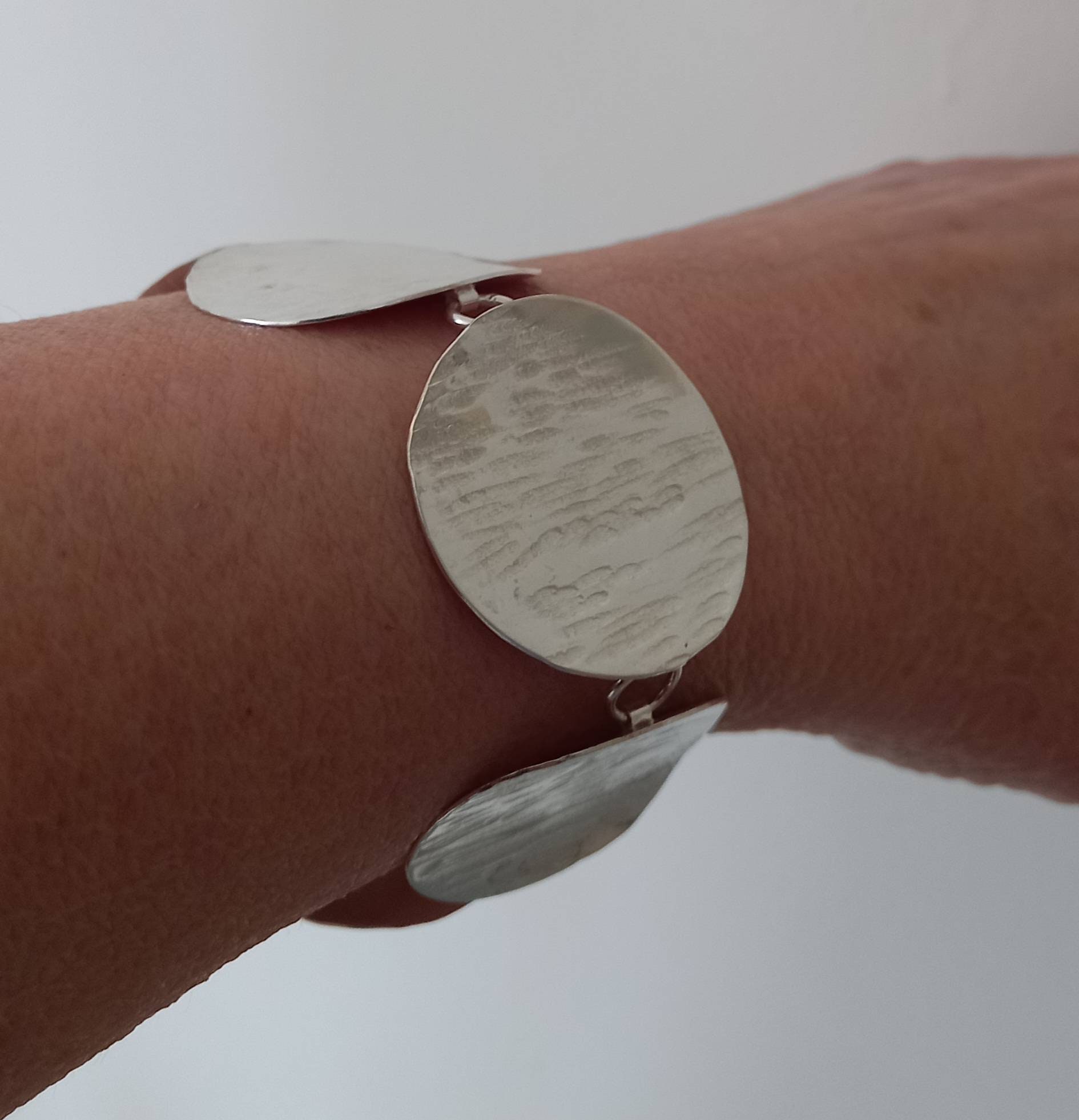Handmade Silver Bracelet, Large Hammered Disc Contemporary Silver, Made in The Uk, Gifts To Send By Post