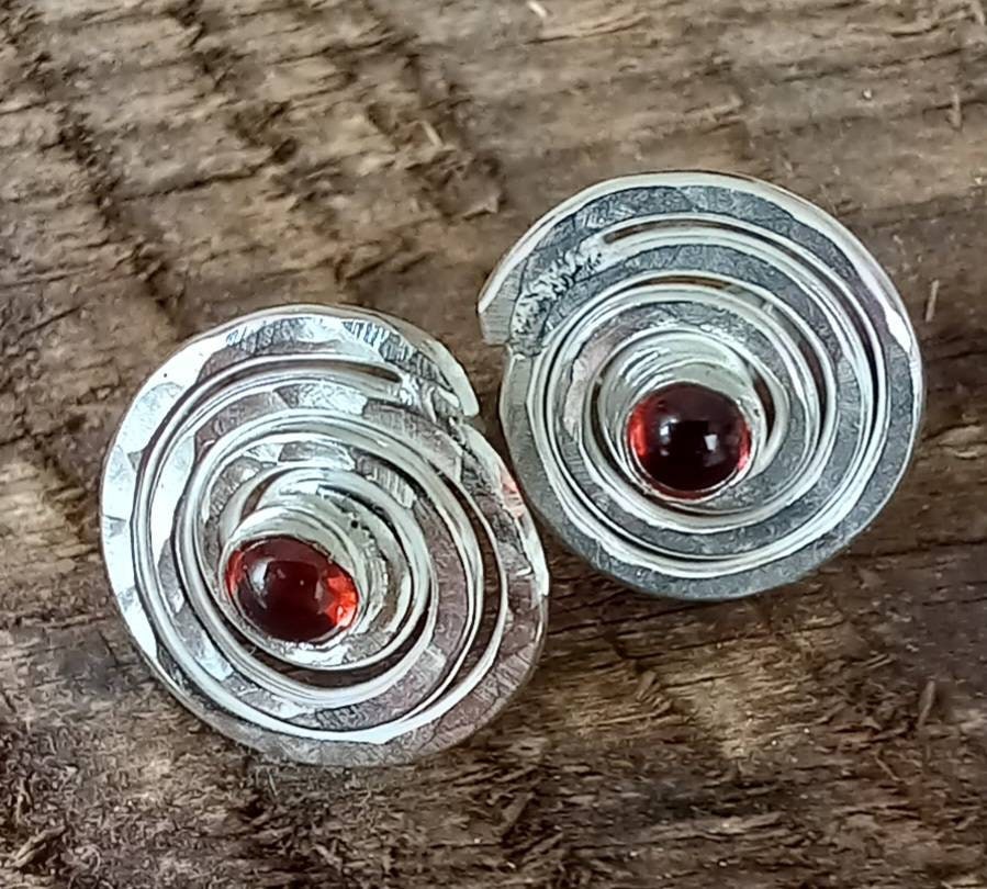 Silver Studs With Garnet Stones, Silver Swirl Earrings, Recycled Silver, Handmade Postal Gifts, in UK