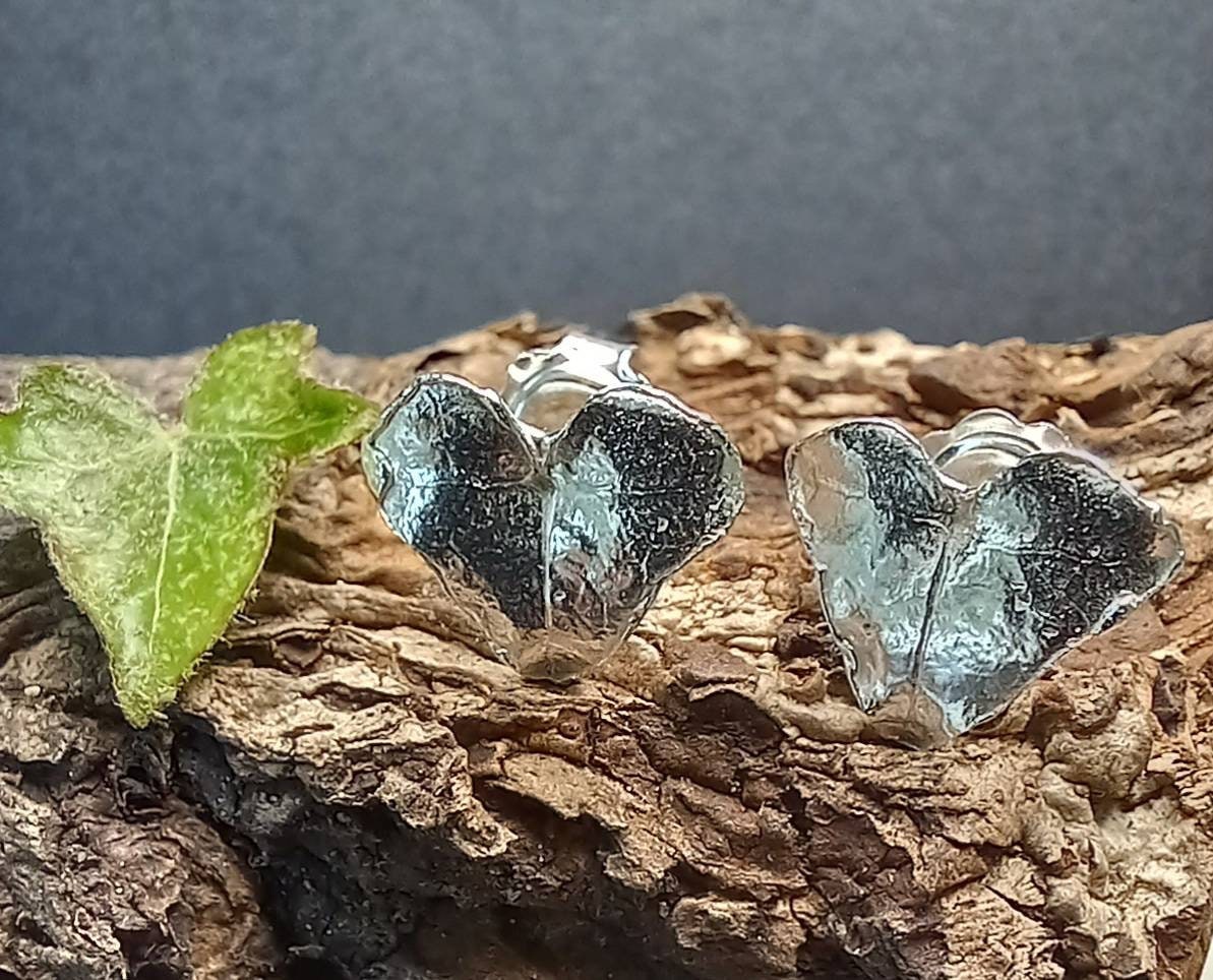 Silver Ivy Leaf Stud Earrings, Real Leaves in Silver, Earrings Fornature Lover, Handmade The U K, Recycled Silver