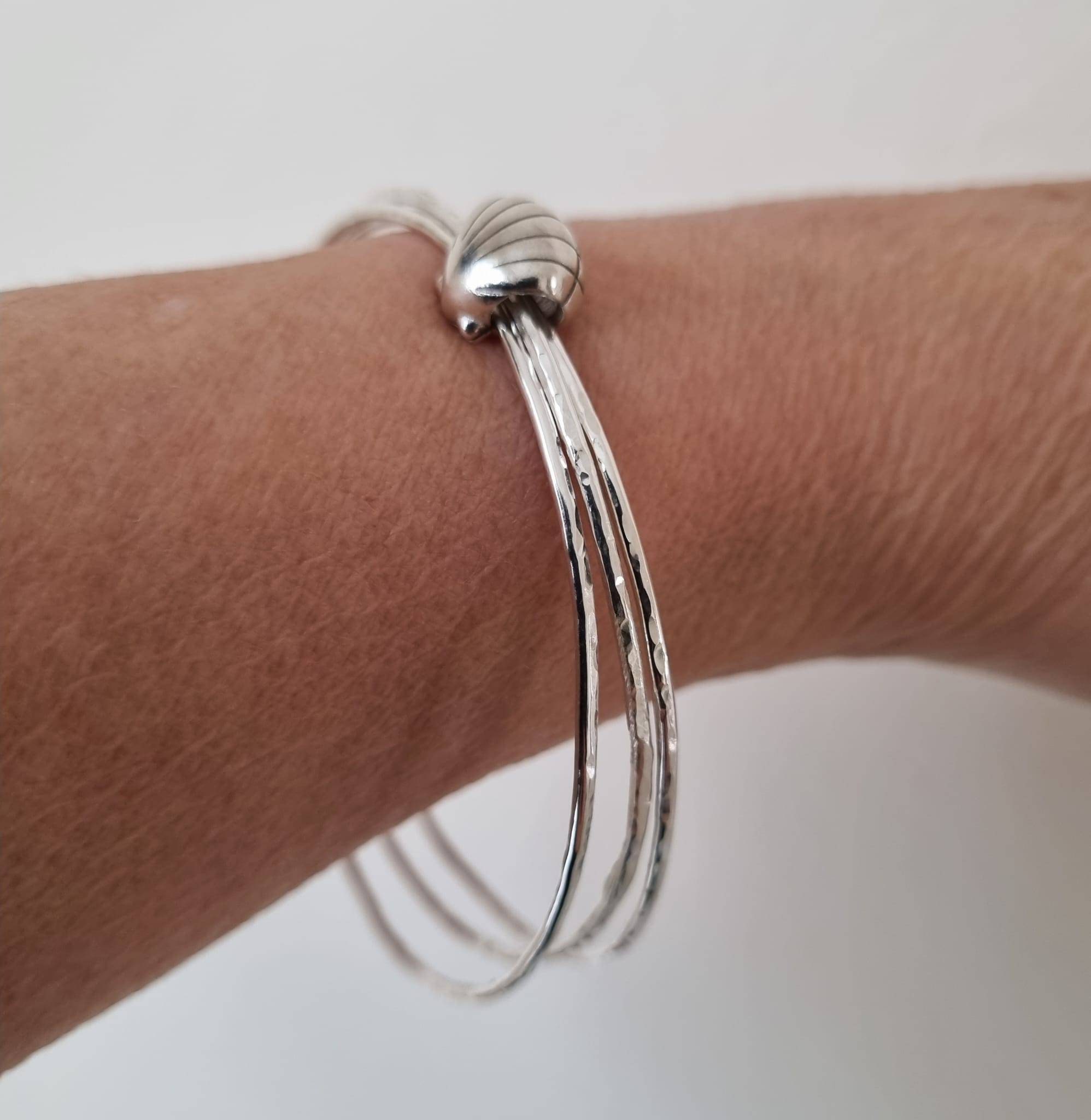 Sterling Silver Bangle Trio With Shell Keeper Bead, Hammered Bangles, Stacking Handmade in The Uk, Postal Gifts