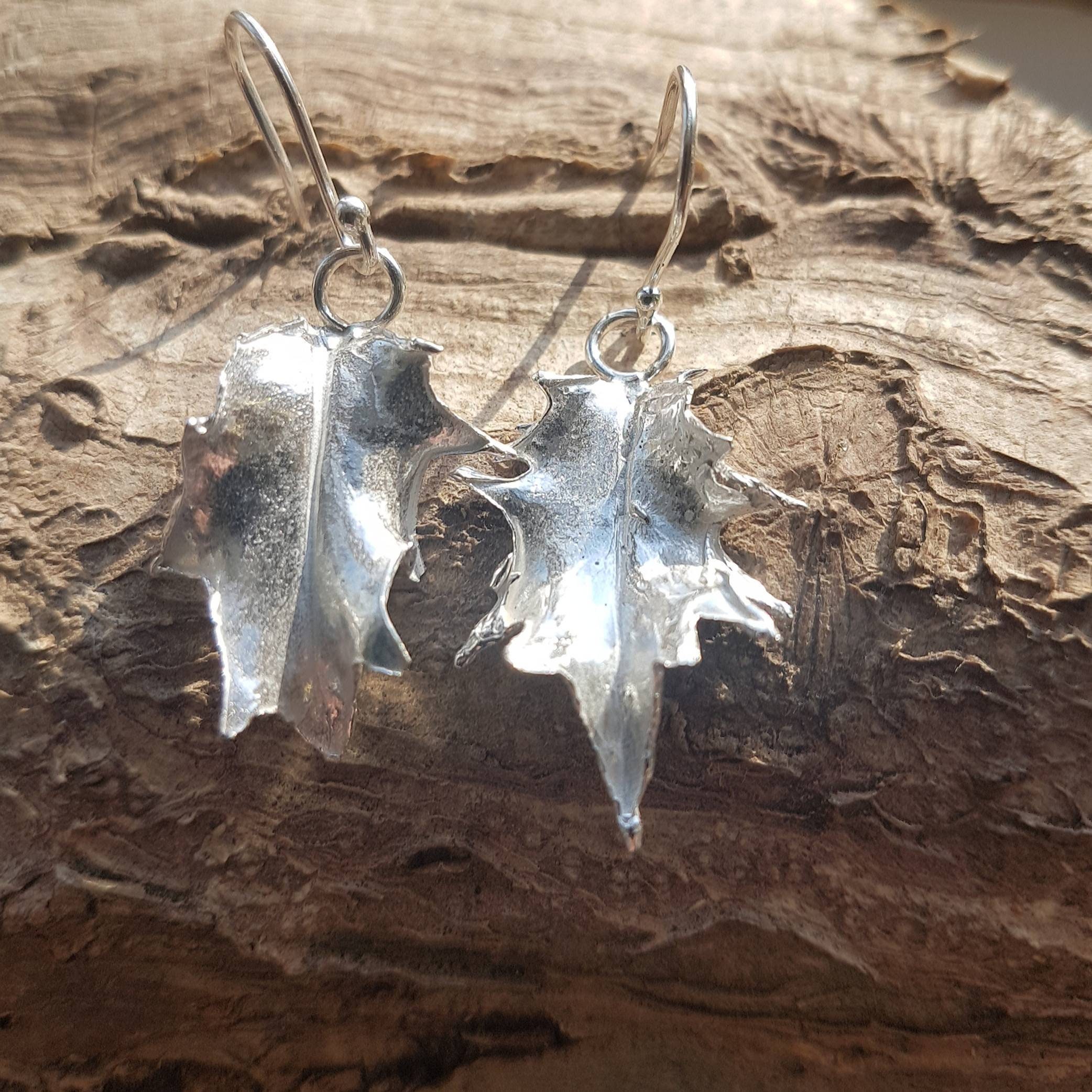 Silver Holly Leaf Drop Earrings, Real in Silver, Handmade The Uk, Gift For Nature & Plant Lover, Postal Gifts
