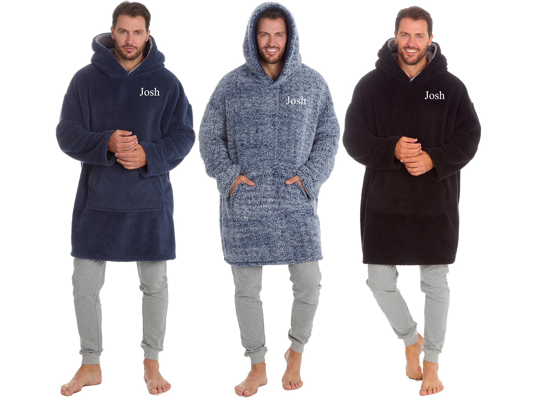 Mens Personalised Oversized Fleece Hoodie Hoody Blanket Sweatshirt Top Jumper | Navy Blue Black One Sized Hoodies