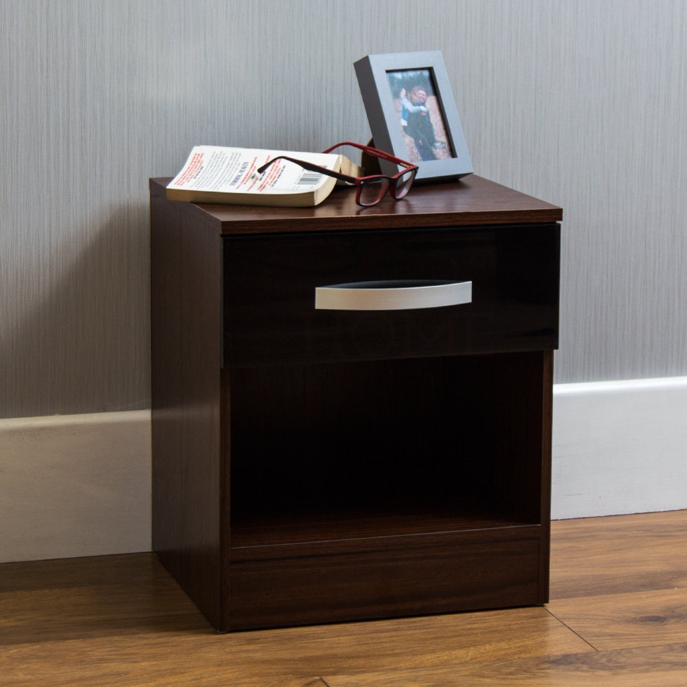 Hulio High Gloss Bedside Cabinet Truhe der Schubladen Walnuss schwarz 1 Schublade Metall Griffe Lufer