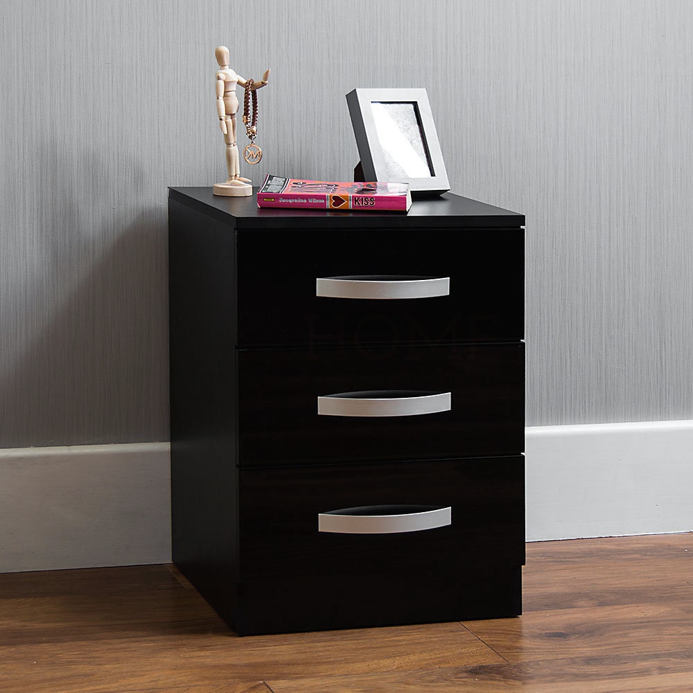 Hulio High Gloss Bedside Schrank Truhe der Schubladen schwarz 3 Schublade Metall Griffe Lufer