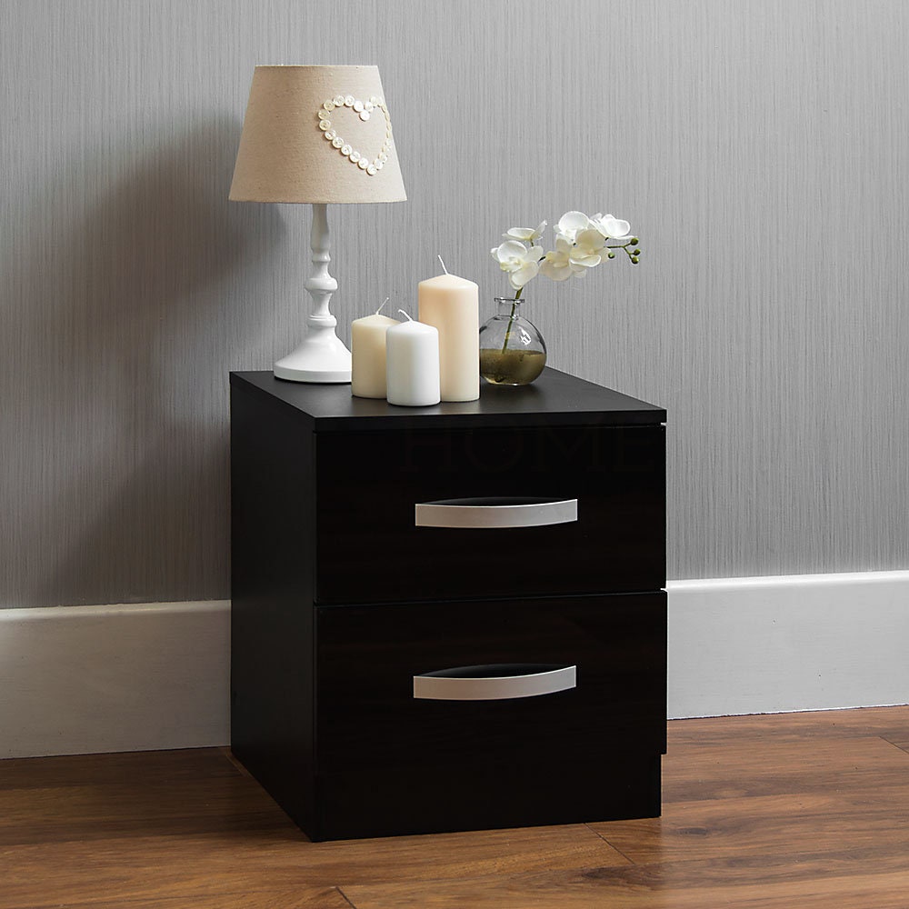 Hulio High Gloss Bedside Schrank Truhe der Schubladen schwarz 2 Schublade Nerze Metall Griffe Lufer