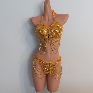 Gold Bikini Piece Sequin Beads Samba Costumes Carnival Show Girl Las Vegas Cabaret Burning Man