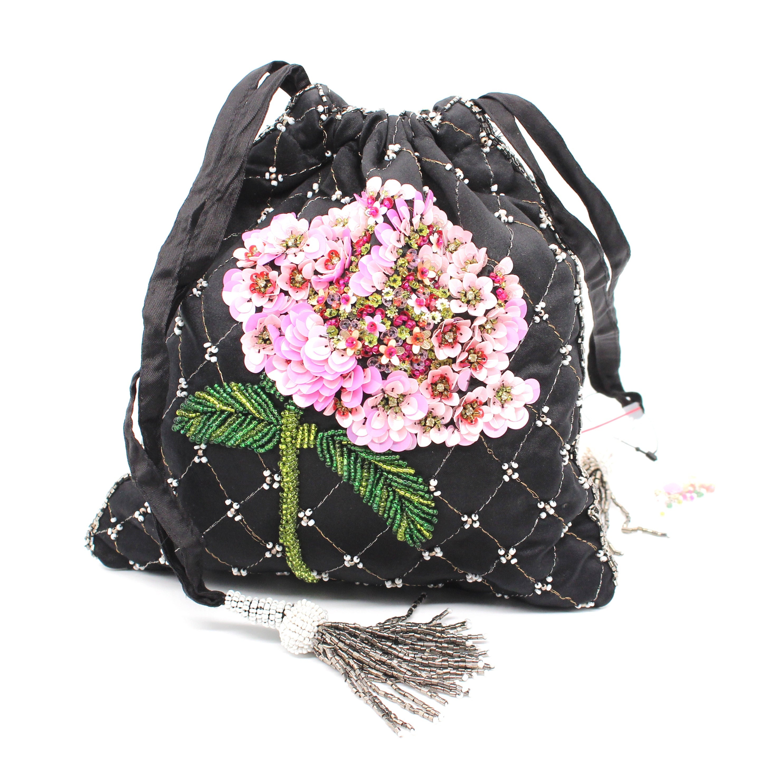 Black & Floral Sequinned Drawstring Bucket Shoulder Hand Bag - Gift Wrapped Ready