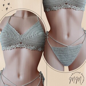 Beige Handmade Crochet Bikini Set Sexy Knitted Swimsuit With Brazilian Bottom Halter Neck