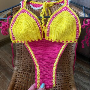 Colorful Crochet Bikini Set Handmade Swimsuit In Pink Yellow Customizable Bathing Suit Boho