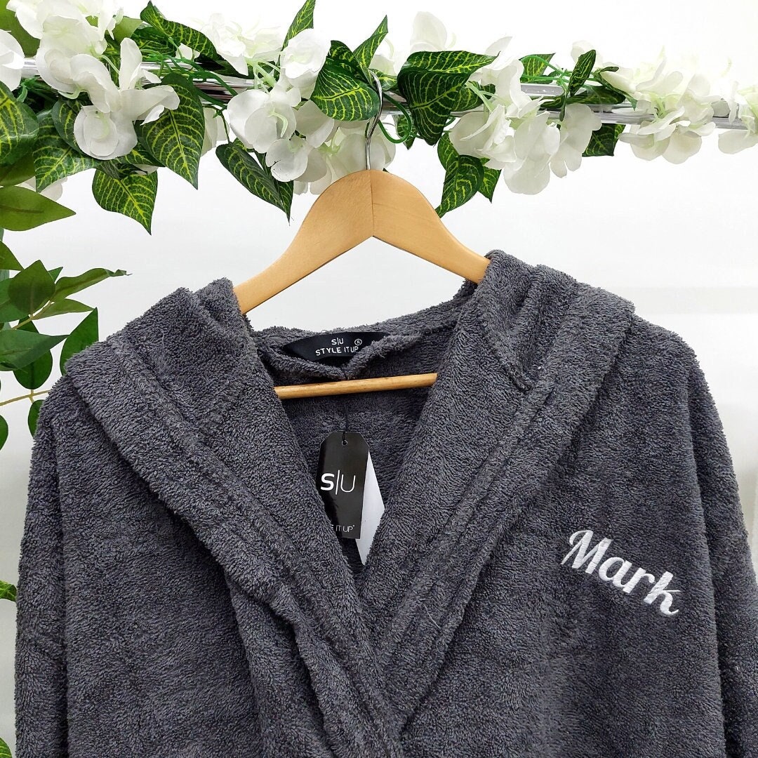 Personalised Monogrammed Mens Hooded Towel Bath Robe Terry Dressing Gown Spa 100% Cotton