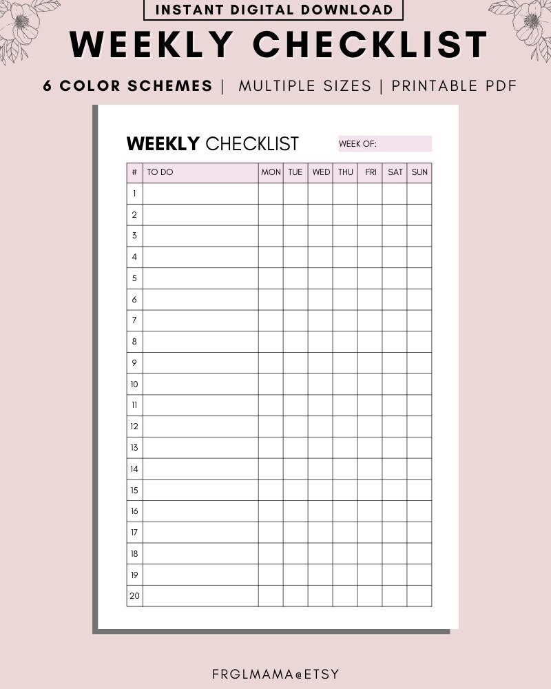 Weekly Checklist Printable To Do List Template Weekly Etsy Canada