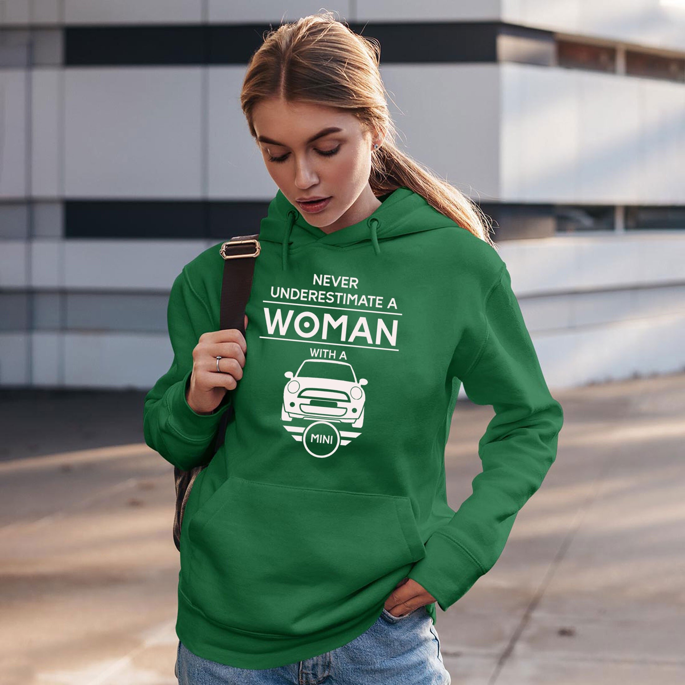 Mini Cooper Woman Hoodie Hoody Hood Hooded Funny Never Underestimate - Her/Ladies Car Gift Joke Birthday Christmas Present