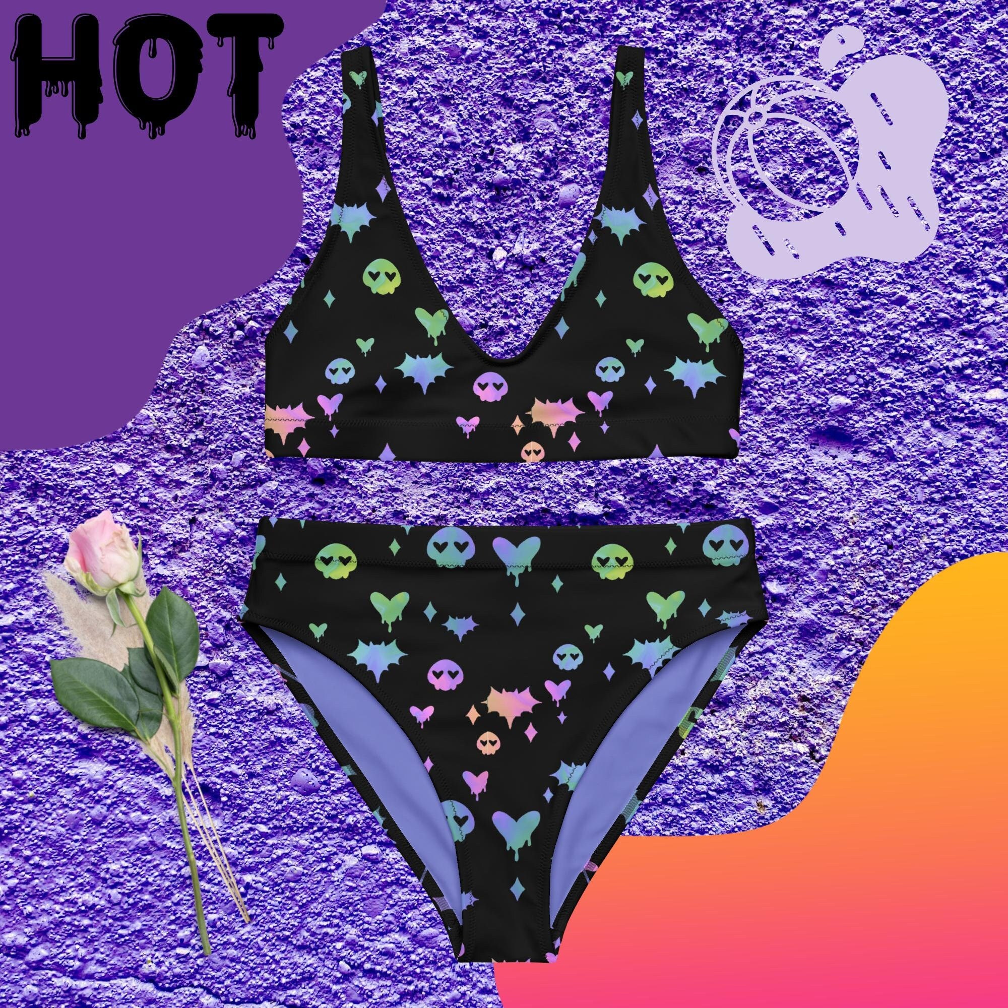 Pastel Goth High Waisted Bikini Kawaii Punk Swimwear With Skulls And Bats Etsy