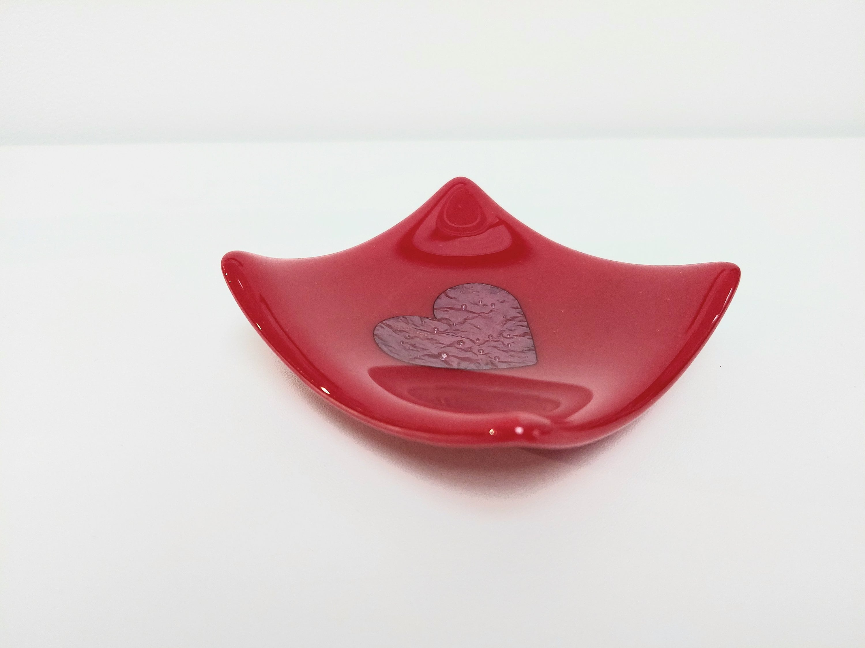 Red Fused Glass Heart Dish, Handmade Opalescent Ring Bowl With A Large Copper Heart, Trinket Bedroom Decor