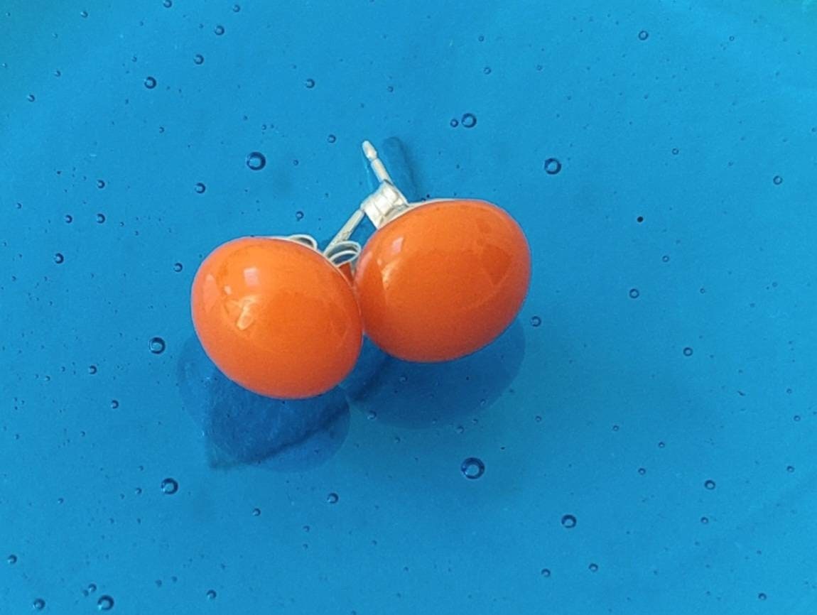 Vibrant Orange Fused Glass & Sterling Silver Stud Earrings