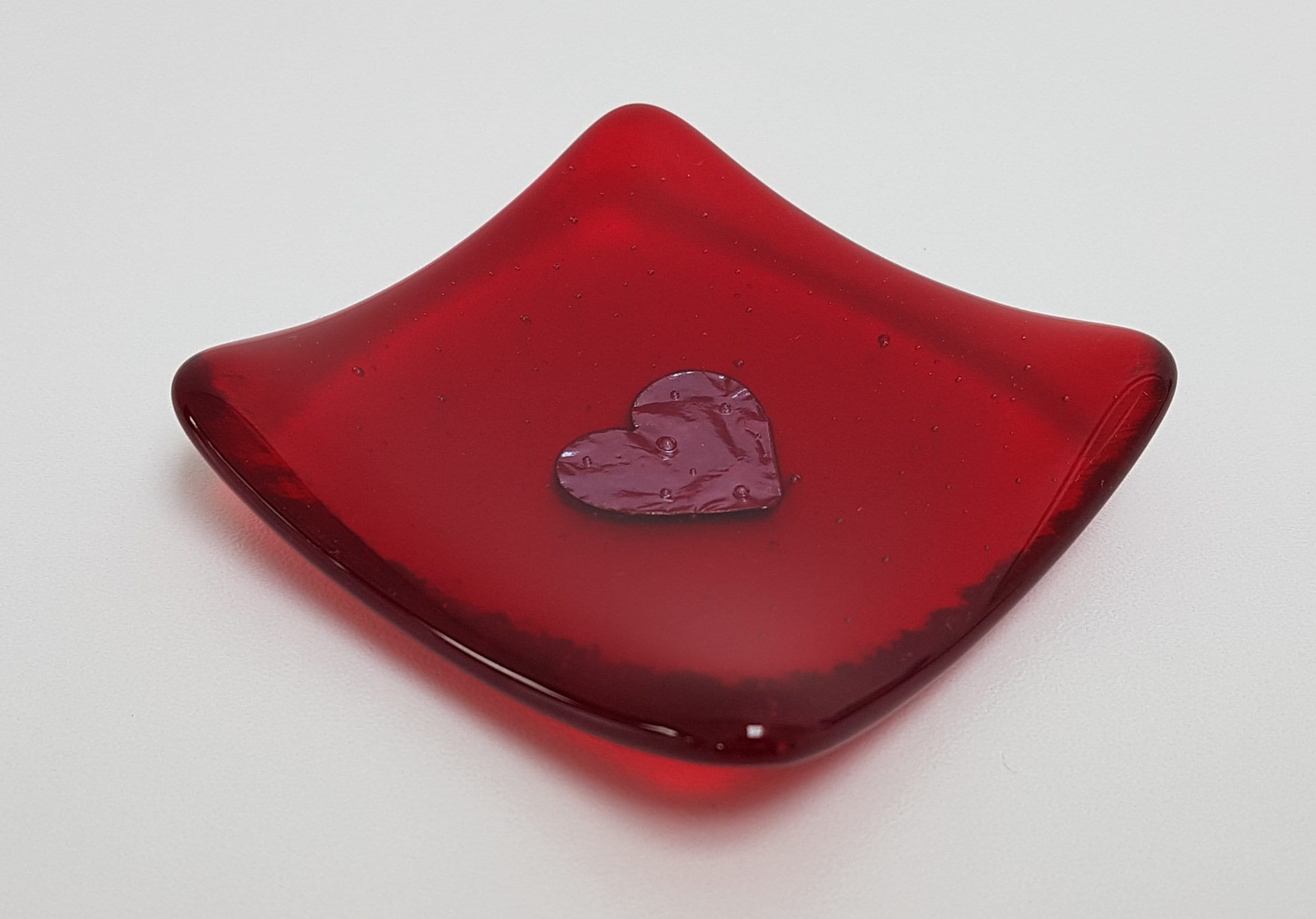 Red Glass Heart Ring Dish, Love in The Lakes Fused Trinket Dish With Copper Heart, Gift For Her, Art Ornament, Decor