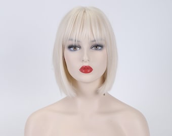 Ash Blonde Wig With Bangs Straight Bob Wig Ashy Blonde Wig Cosplay Wig Party Hair Loss Wig Her