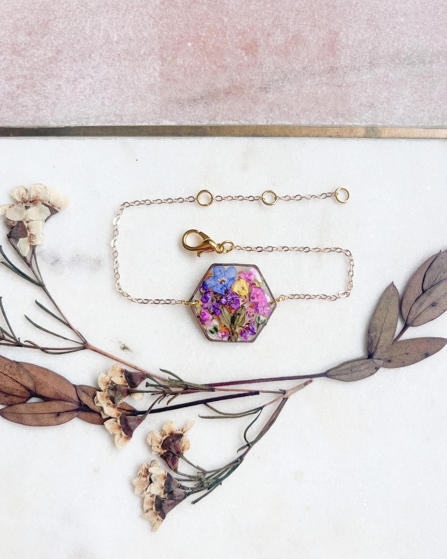Pressed Flower Bracelet On A Gold Plated Chain