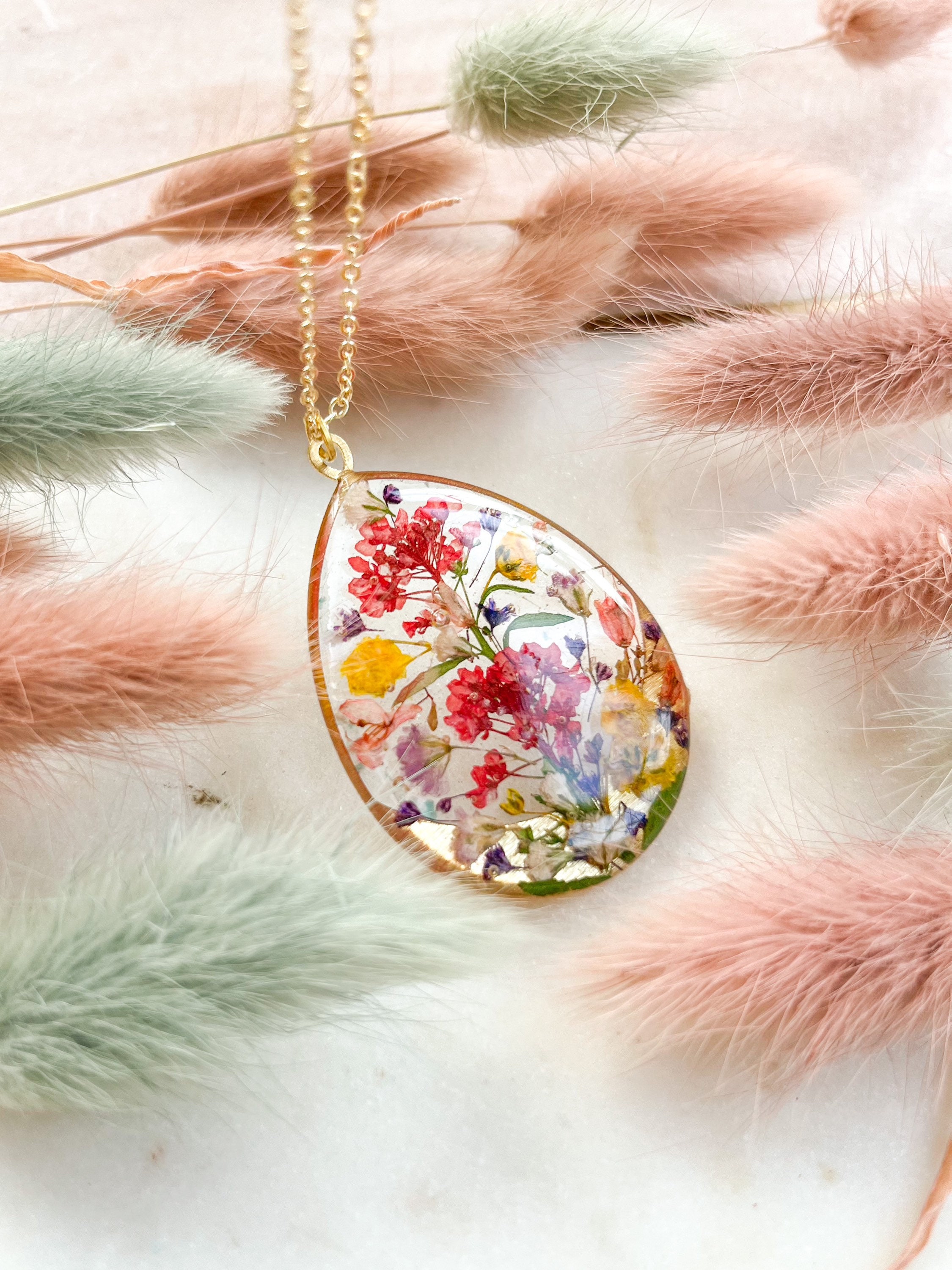 Pressed Wild Flower Necklace On 22K Gold Plated Chain, Botanical Jewellery, Resin, Boho