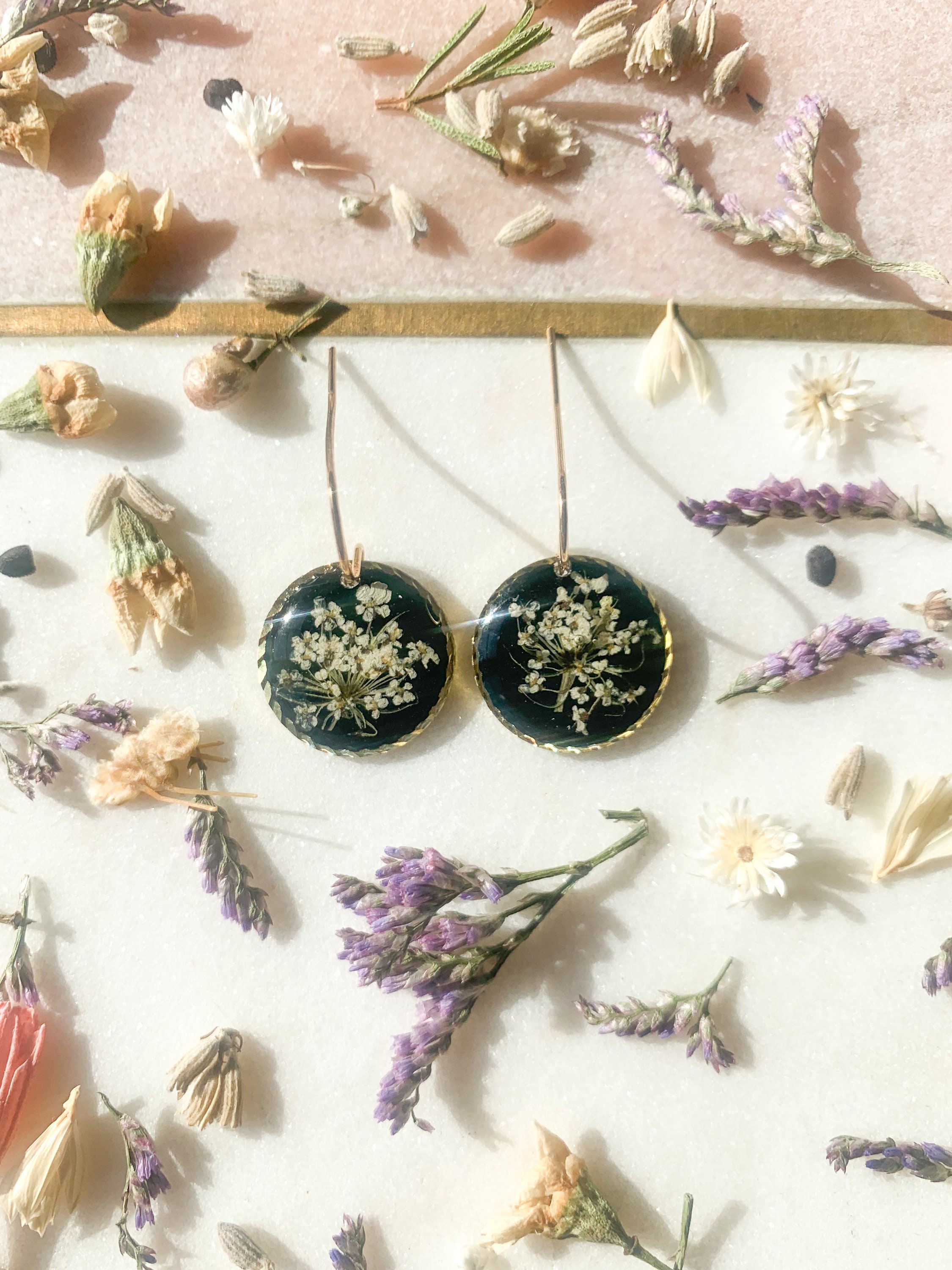 Pressed Flower Earrings, Dangle Droplets, Brass Charm