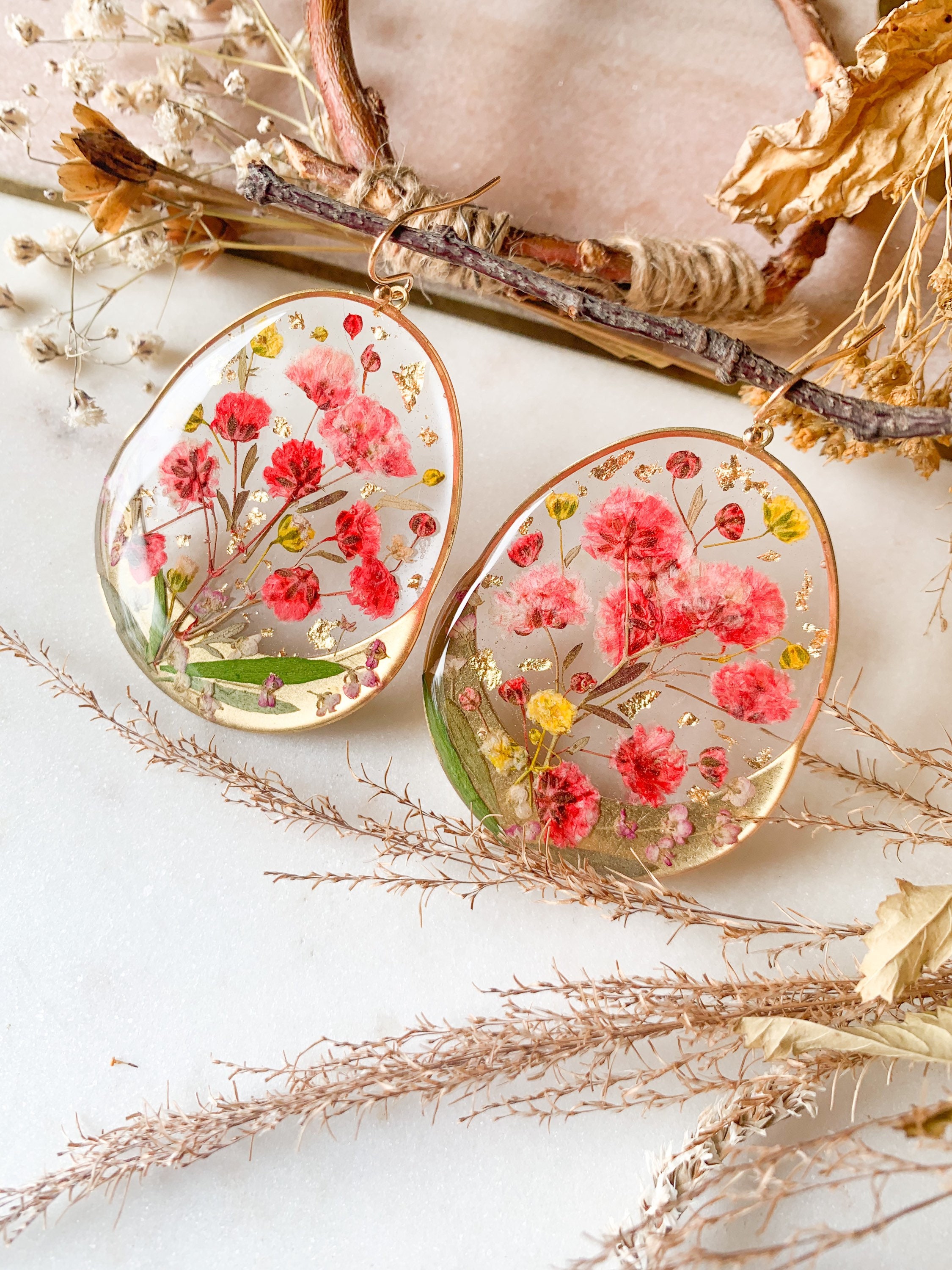 Pressed Flower Dangle Earrings, Boho Geometric, Teardrop, Preserved Botanical Jewellery