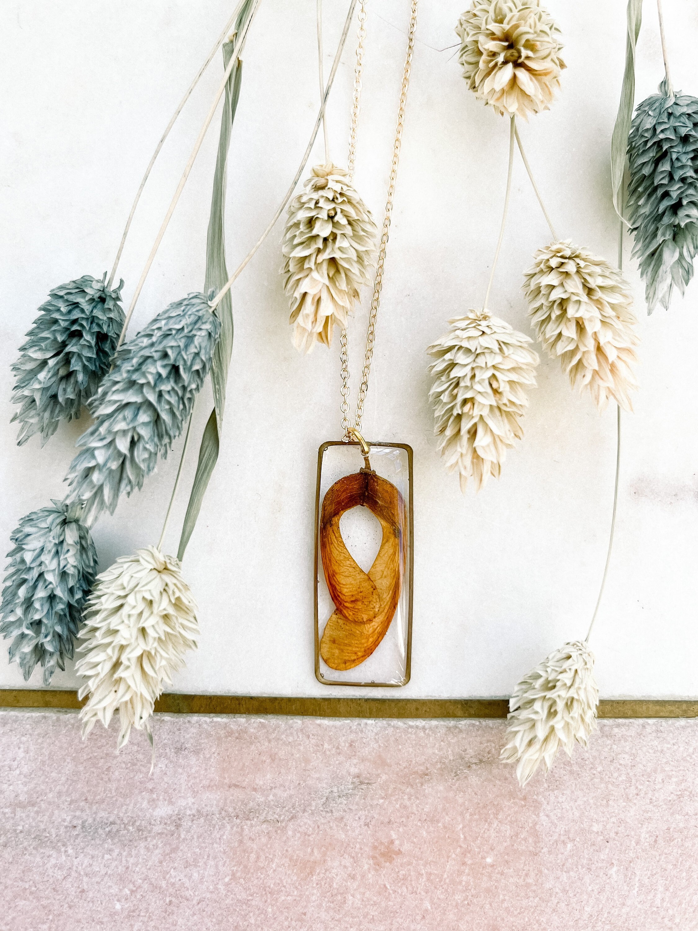 Sycamore Pendant Necklace, Brass Resin, Botanical Jewellery, Pressed Preserved, Rectangle Brass, Gold Chain