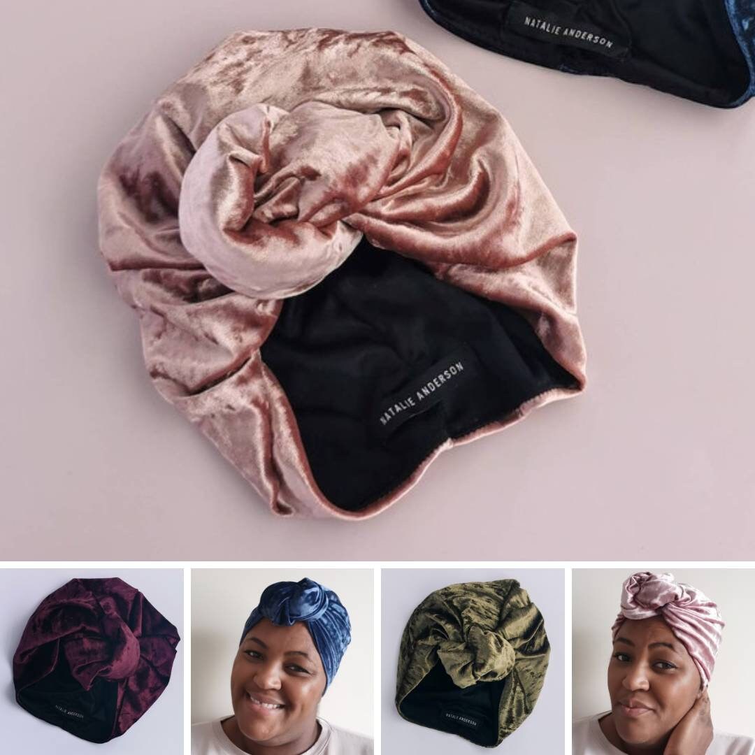 Crushed Stretch Velvet Knot Top Turban - Slinky Lined, Pre Tied Head Wrap, Hair Scarf, Small, Medium, Large - 4 Colours