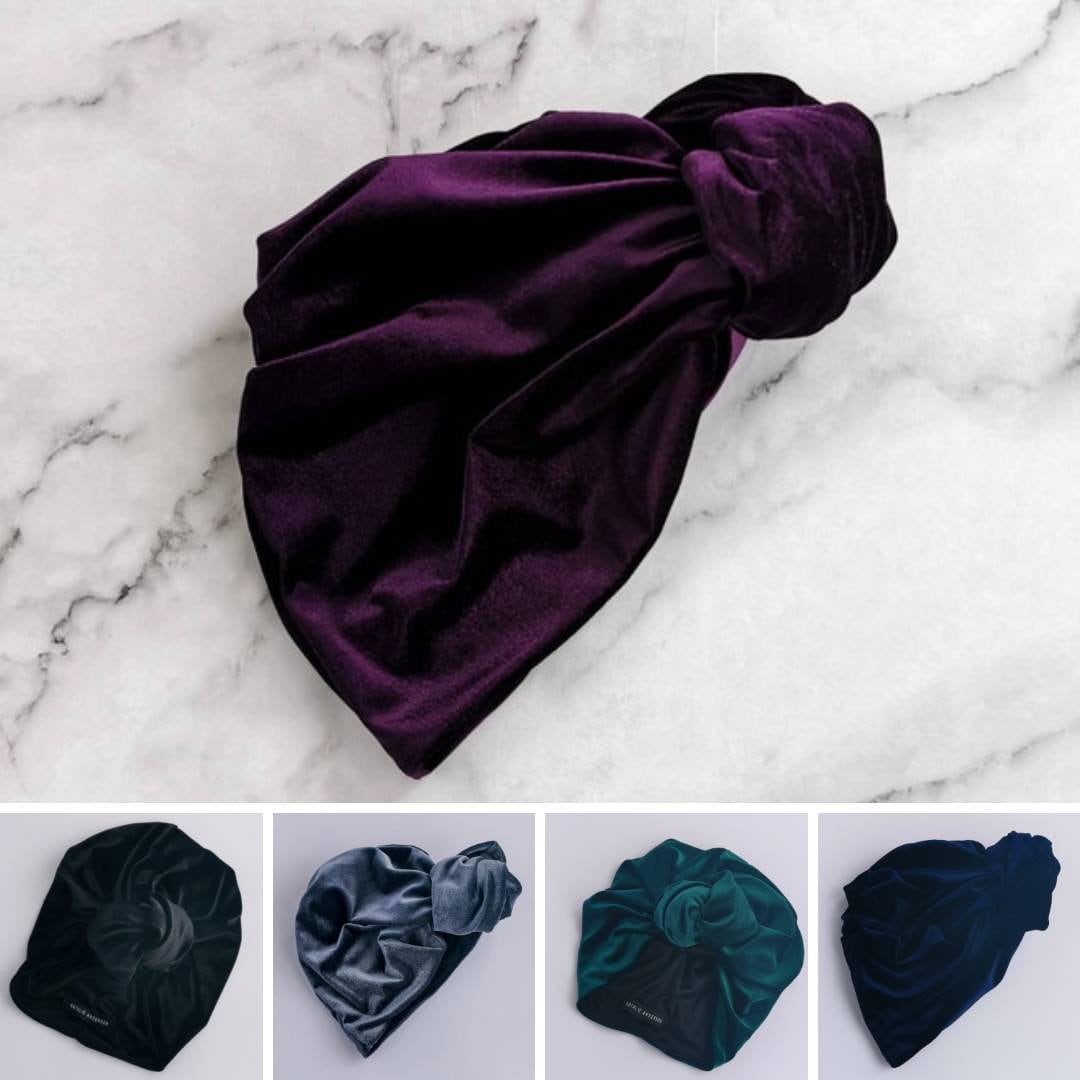 stretch Velvet Knot Top Turban - Slinky Lined, Pre Tied Head Wrap, Hair Scarf, Small, Medium, Large - 5 Colours