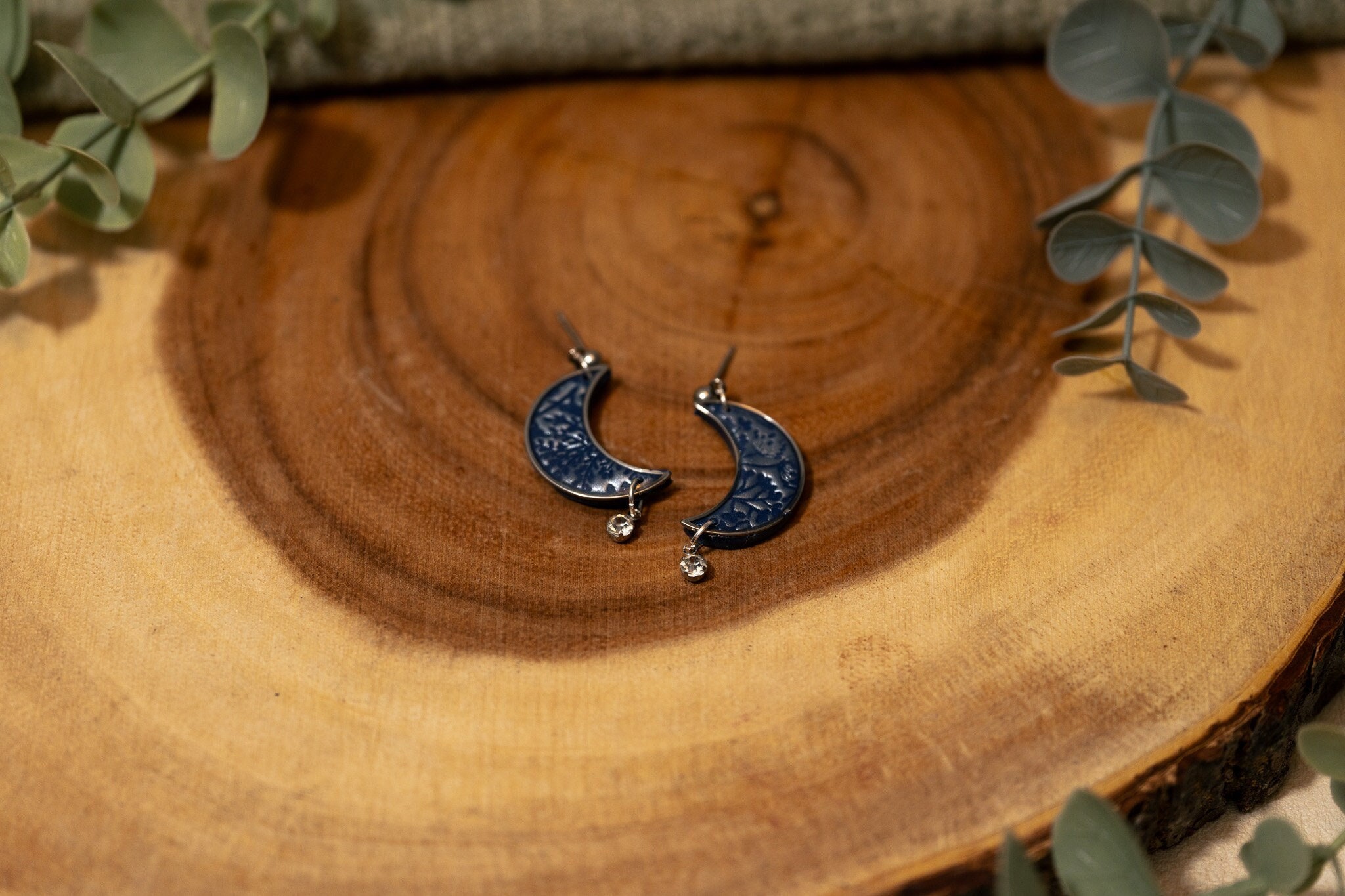 Navy & Silver Floral Moon Earrings With Diamantee Charm | Polymer Clay Festive Christmas New Year Party Handmade