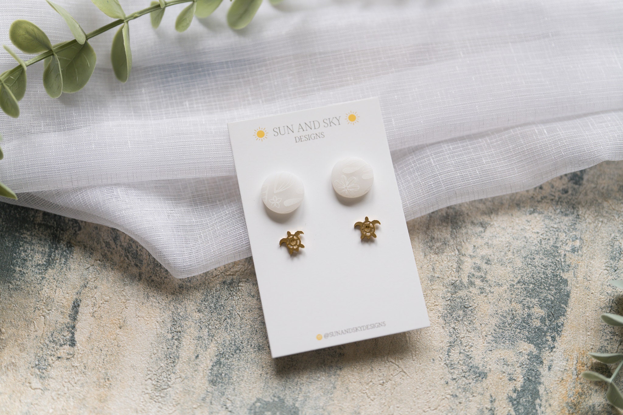White Beachy Stud Pack With Gold Turtle | Polymer Clay Earrings Jewellery Stainless Steel Handmade
