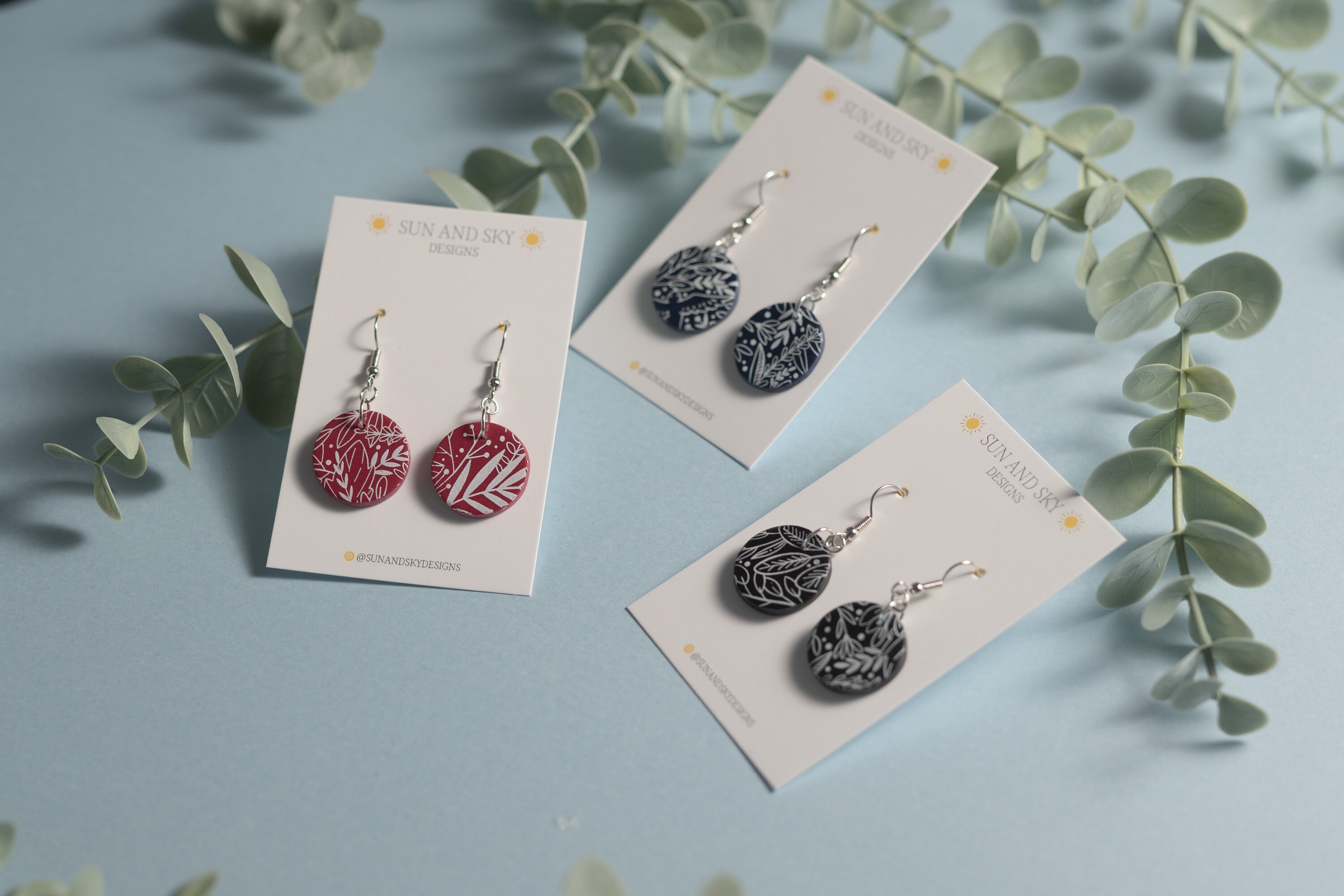 Mini Circle Floral Earring Collection | Polymer Clay Statement Earrings Stainless Steel Neutral Black Burgundy Navy Handmade