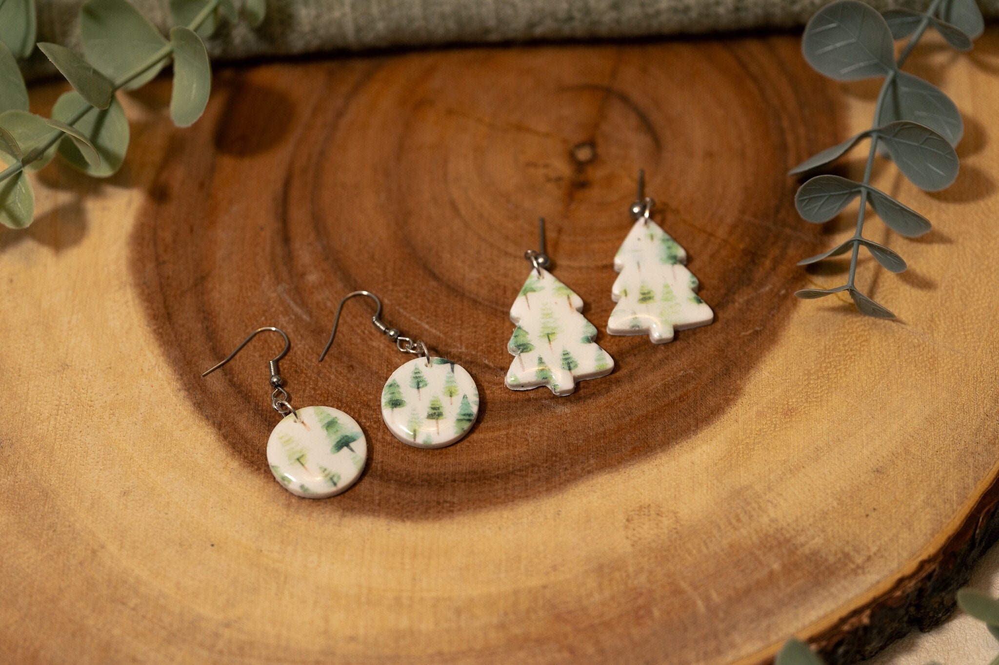 White & Green Festive Christmas Tree Print Earrings | Polymer Clay New Year Party Handmade
