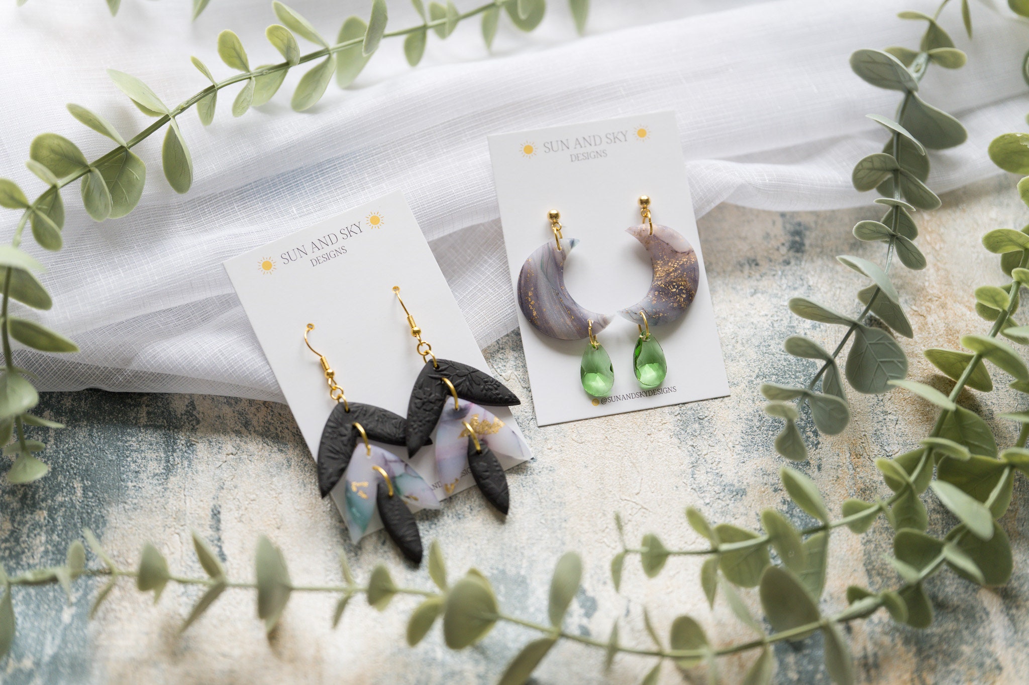 Black & Green Marble Translucent Polymer Clay Earrings | Leaf Dangle Moon Statement Summer Fashion Stainless Steel Handmade