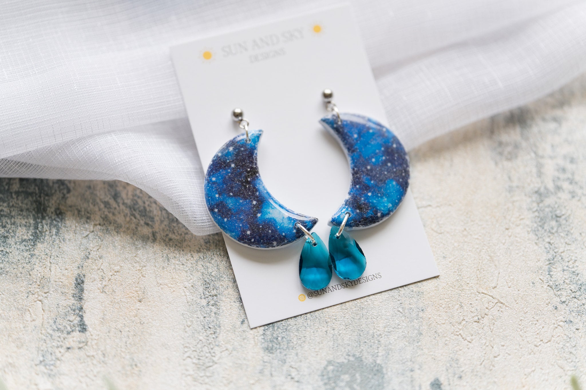Midnight Moon Polymer Clay Earrings With Blue Teardrop Charm | Resin Gloss Finish Night Time Star Stainless Steel Handmade