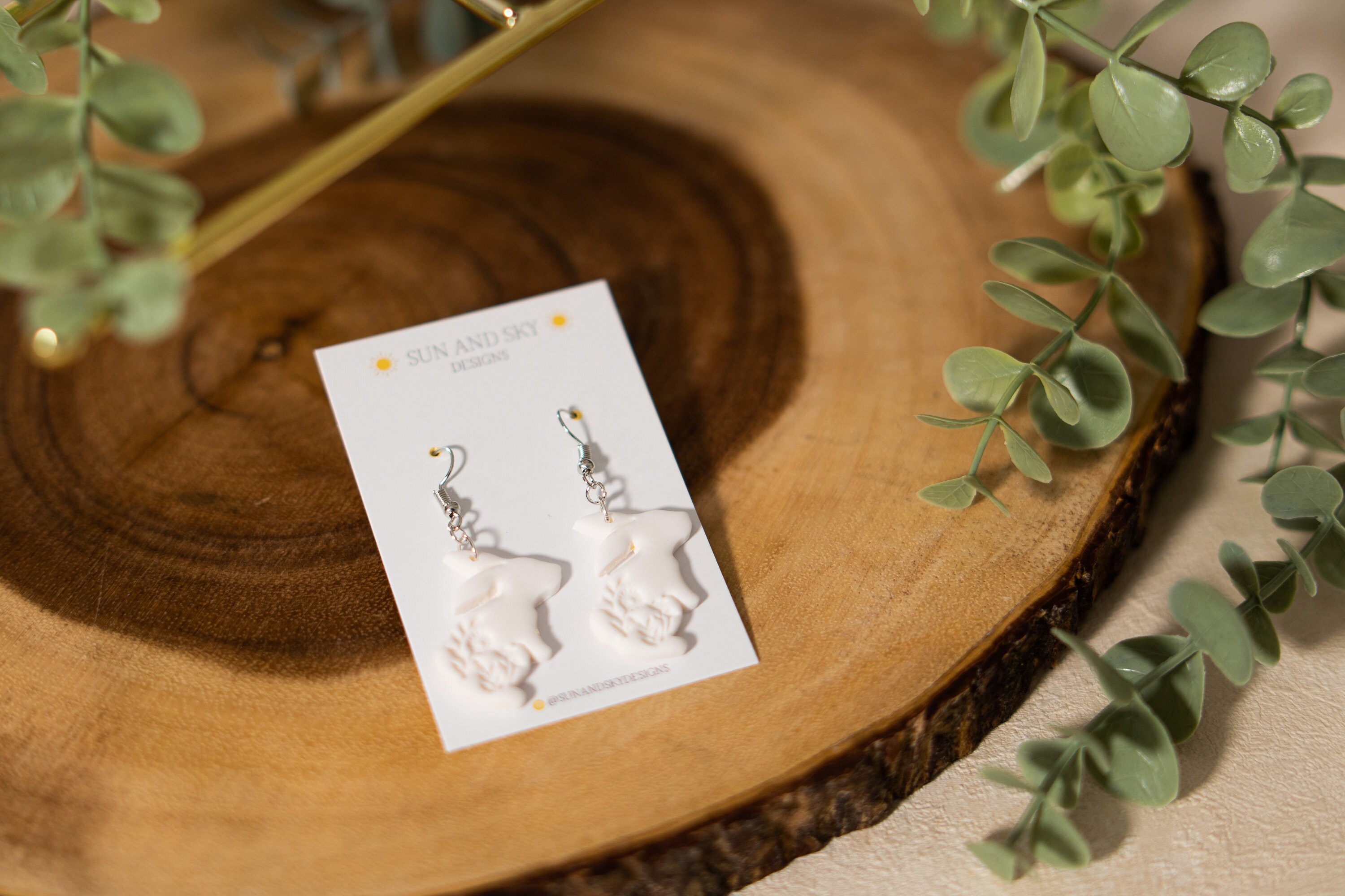 White Floral Rabbit With Stainless Steel Ear Wire | Spring Cute Minimalist Earrings Polymer Clay Handmade