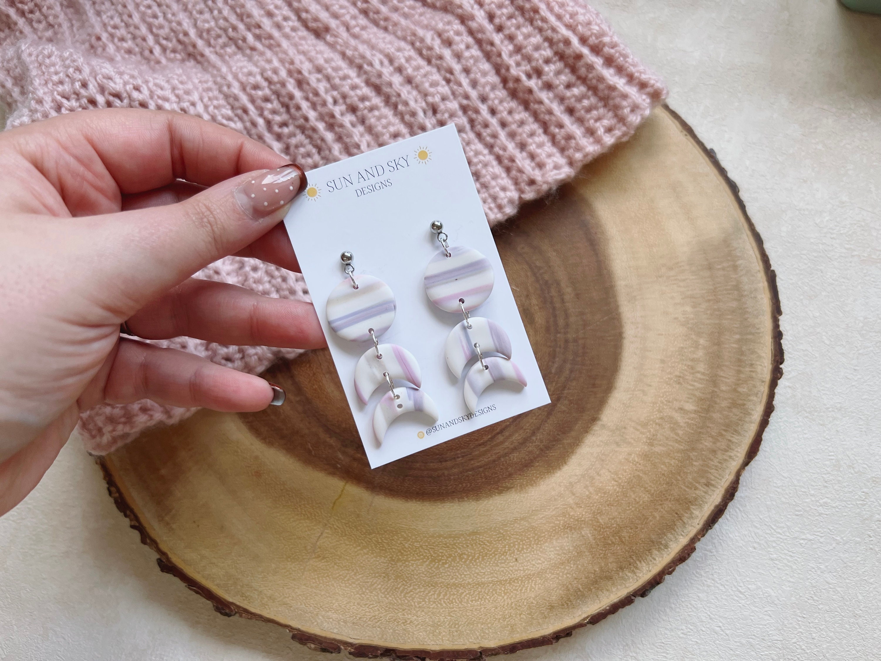 Pastel Stripe Moon Phase Polymer Clay Dangle Earrings | One Of A Kind Zero Waste Handmade