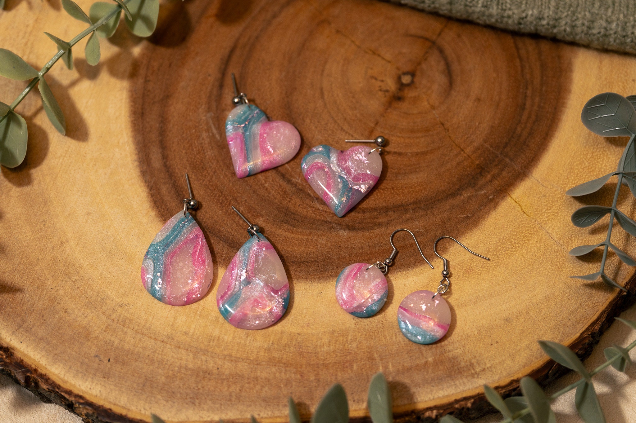 Pink & Blue Marbled Dangle Earrings | Polymer Clay Festive Christmas New Year Party Handmade