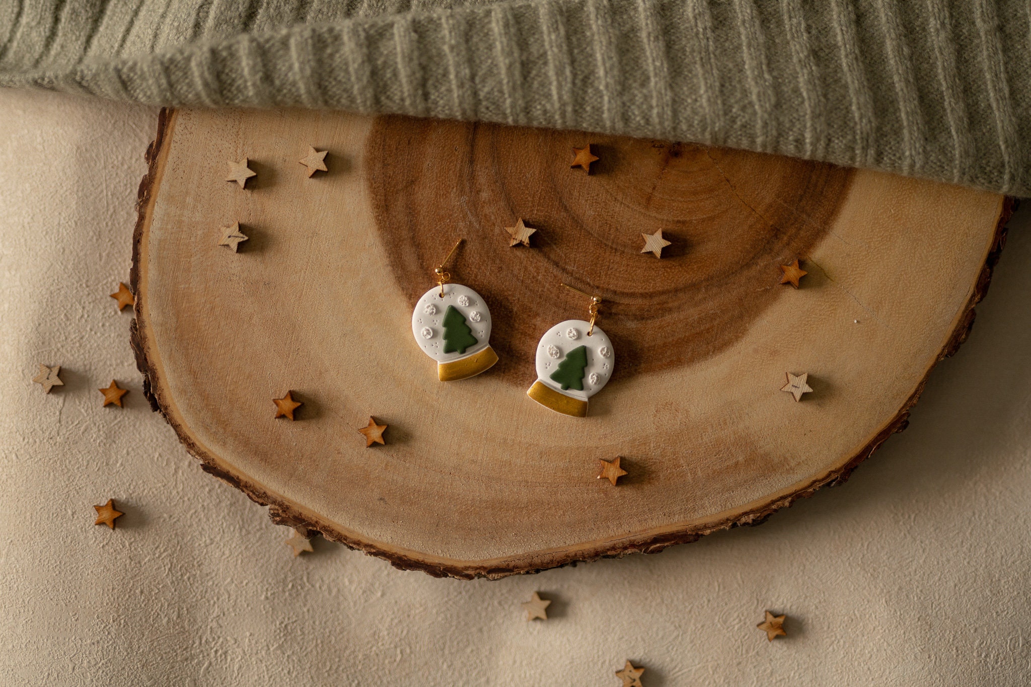 Snow-Globe Christmas Tree Polymer Clay Dangle Earrings | Festive Gold Plated Stainless Steel Handmade
