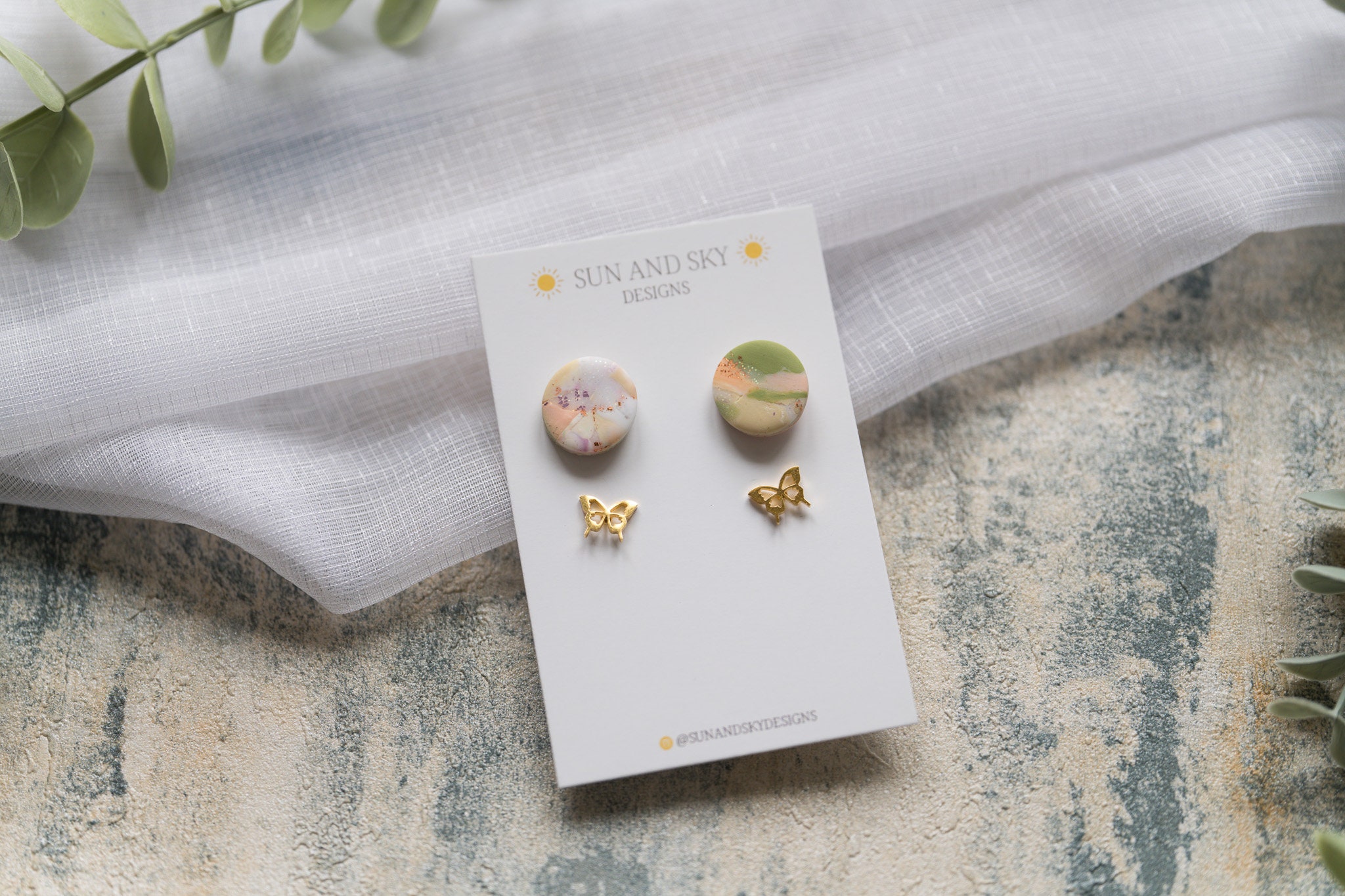 Zero Waste Stud Pack With Gold Butterfly | Polymer Clay Earrings Jewellery Stainless Steel Handmade