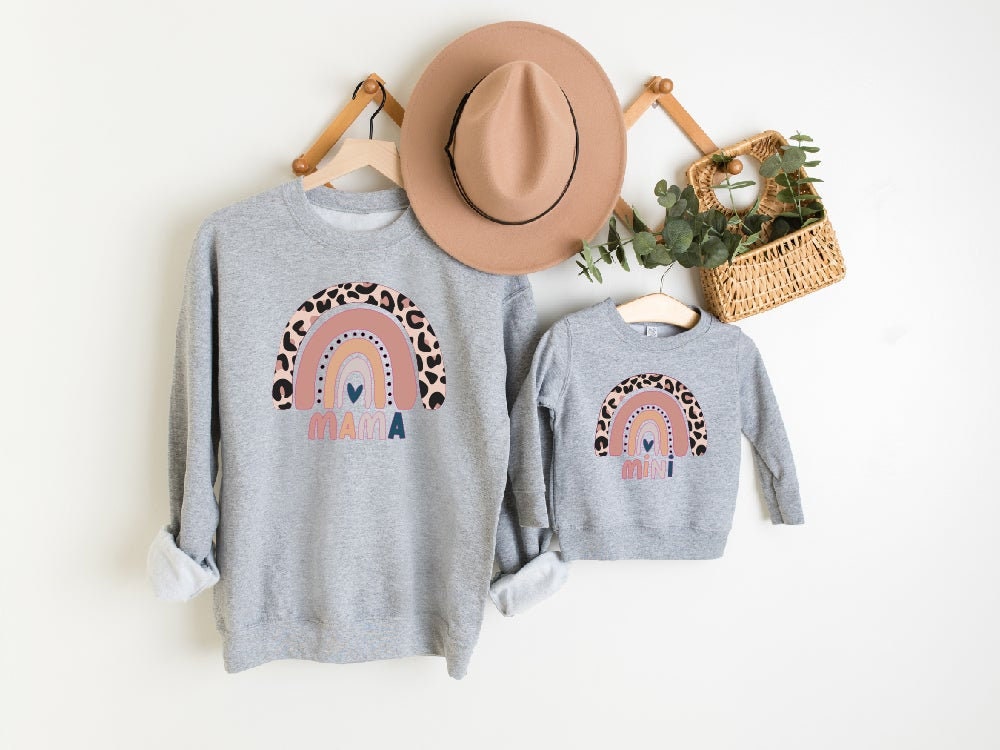 Matching Mama & Mini Grey Rainbow Sweatshirts Twinning Set Mum Daughter Tops Gifts For Her, For