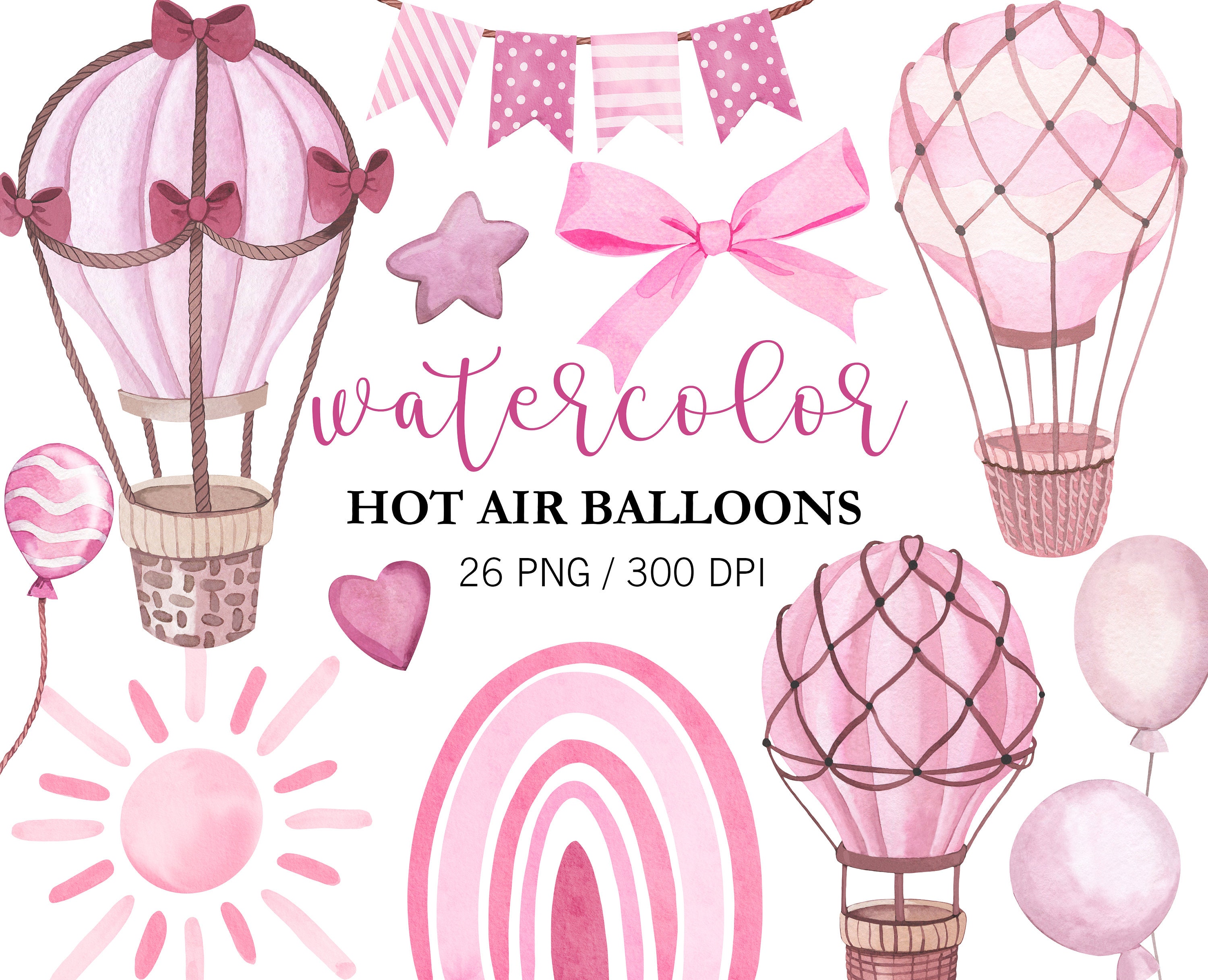 Watercolor Hot Air Balloons Clipart PNG Pink Balloons Clipart Nursery Decor Baby Shower