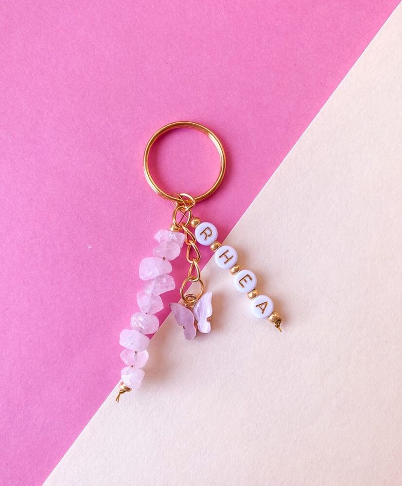 Personalised Crystal Keyring | Rose Quartz Butterfly Name Gold Keys Beads Chain Pink Charms Spiritual