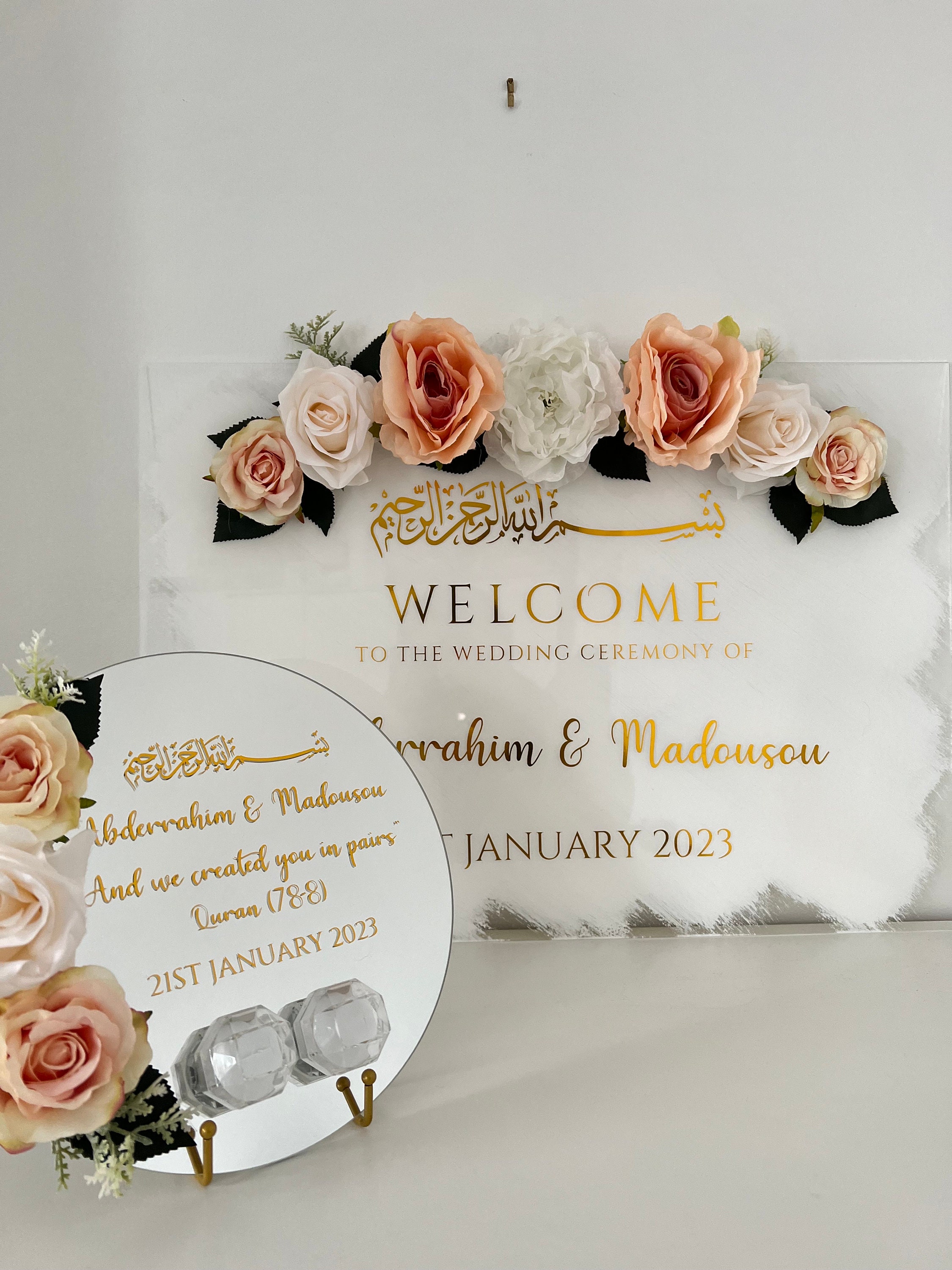 Wedding Decor Set Sign, Ring Plate, Bridal Bouquet | Nikkah Plate A2 Acrylic Sign Islamic