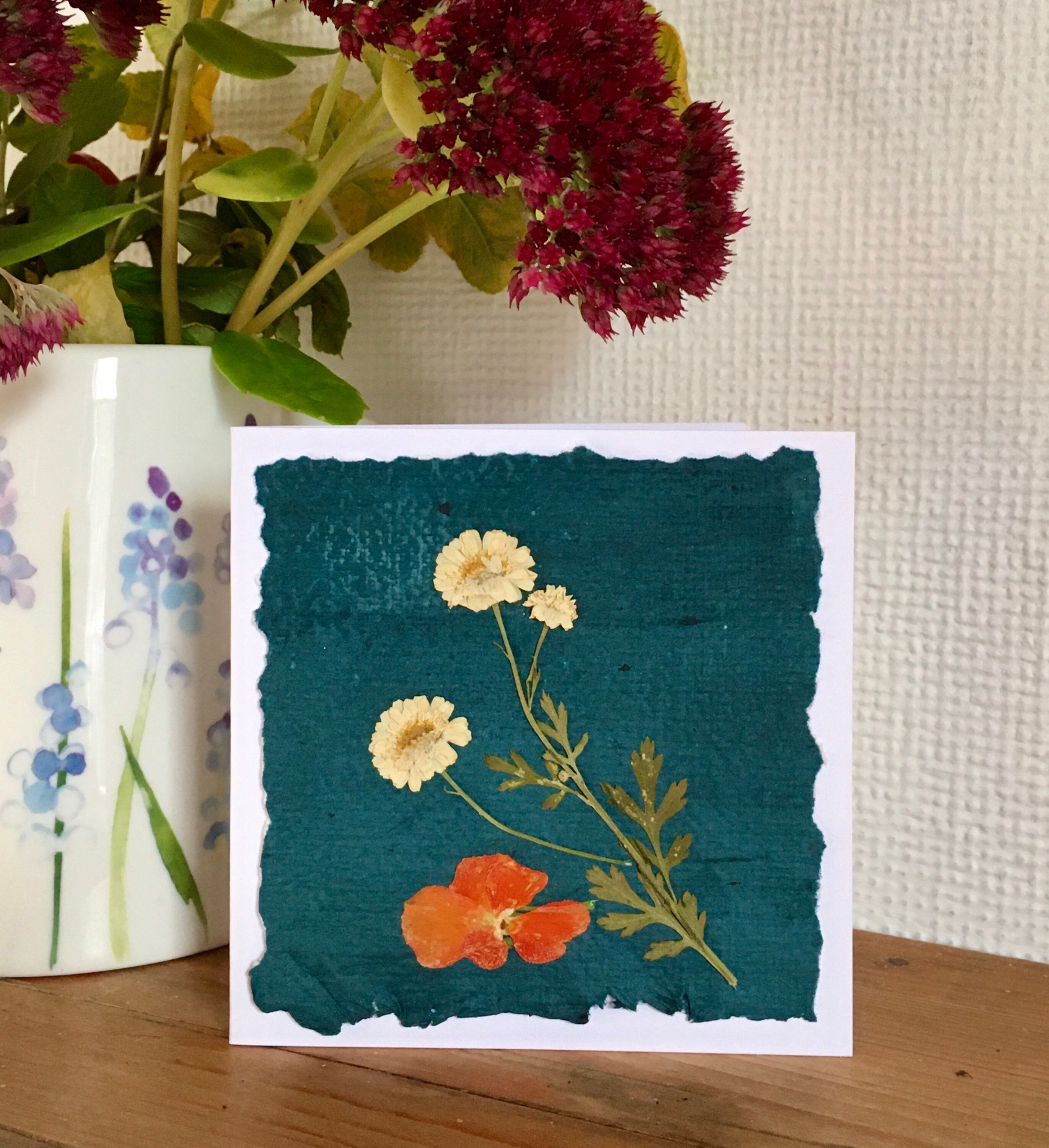 Pressed Feverfew Flowers On Handmade Paper Greetings Card Etsy Uk